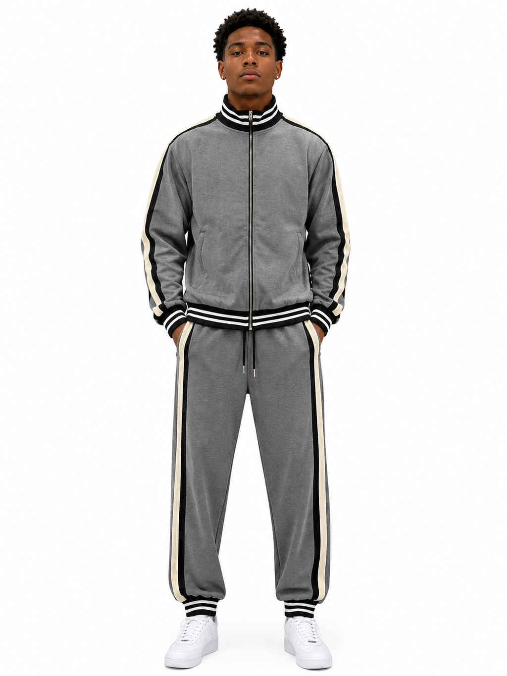 FW Tracksuit Set with Black and Beige Stripes - Grey