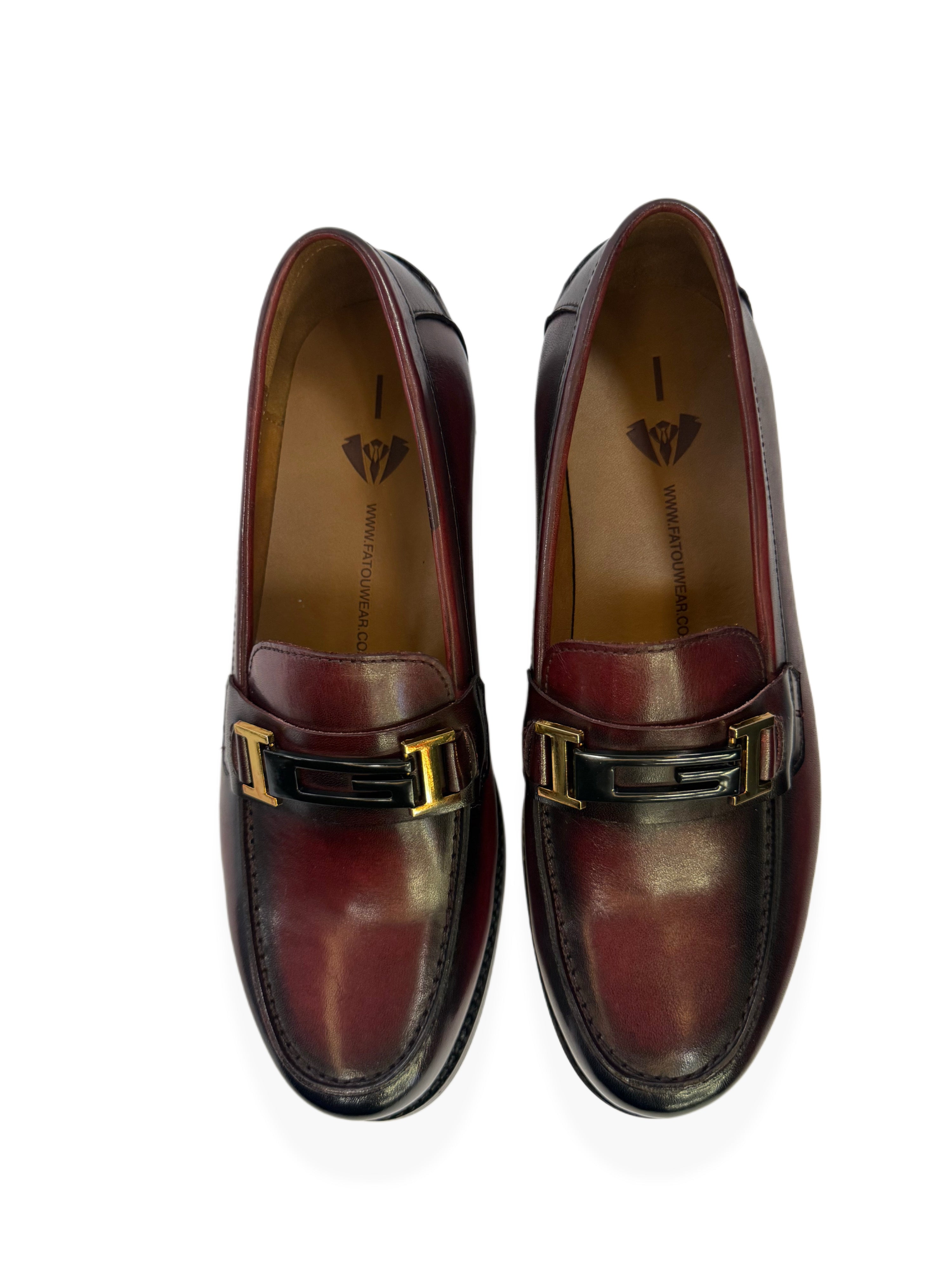 Leather Loafers with Gold Buckle - Wine