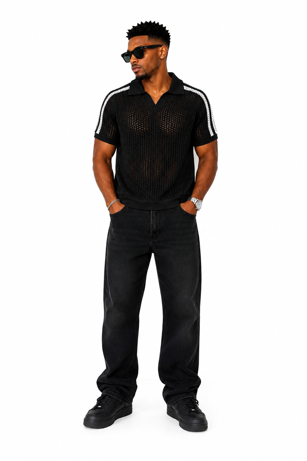 Men Open-Knit Stripe Polo Shirt – Black