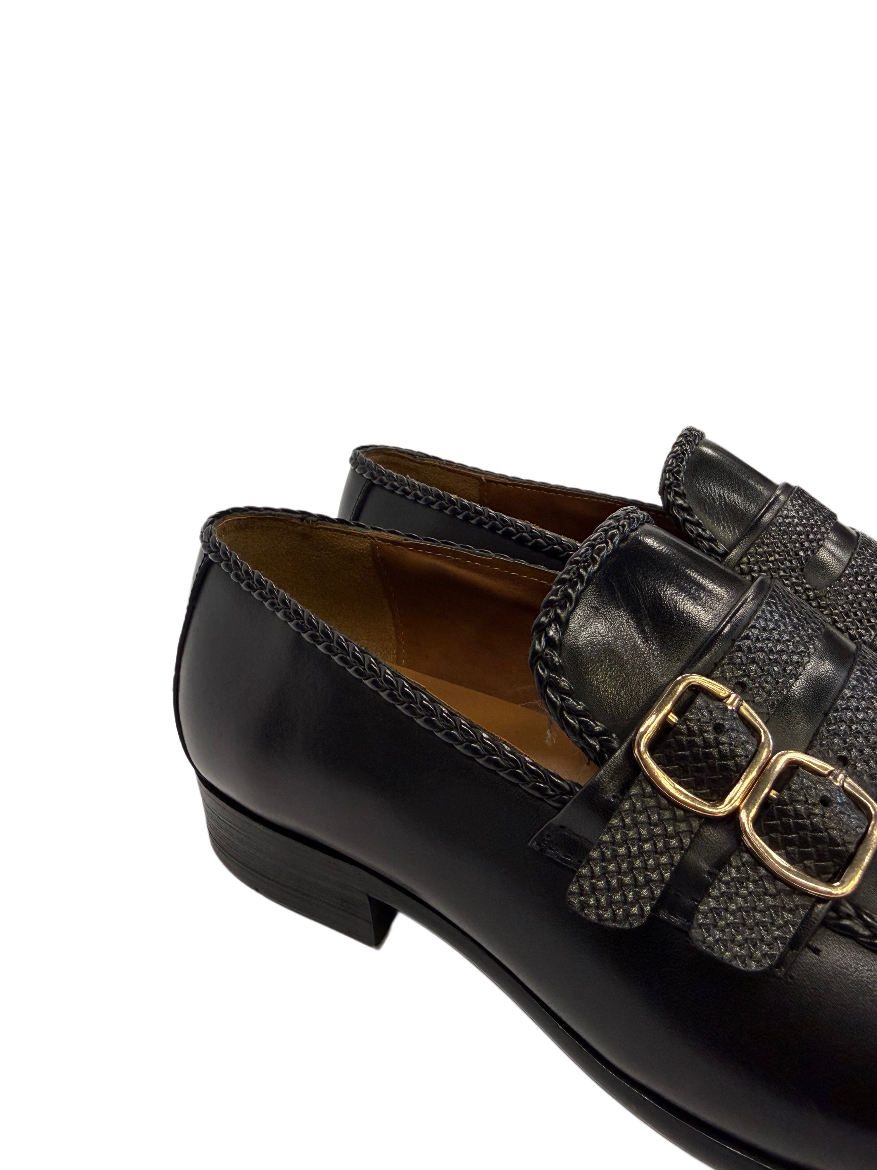 Double Monk Strap Leather Loafers - Black