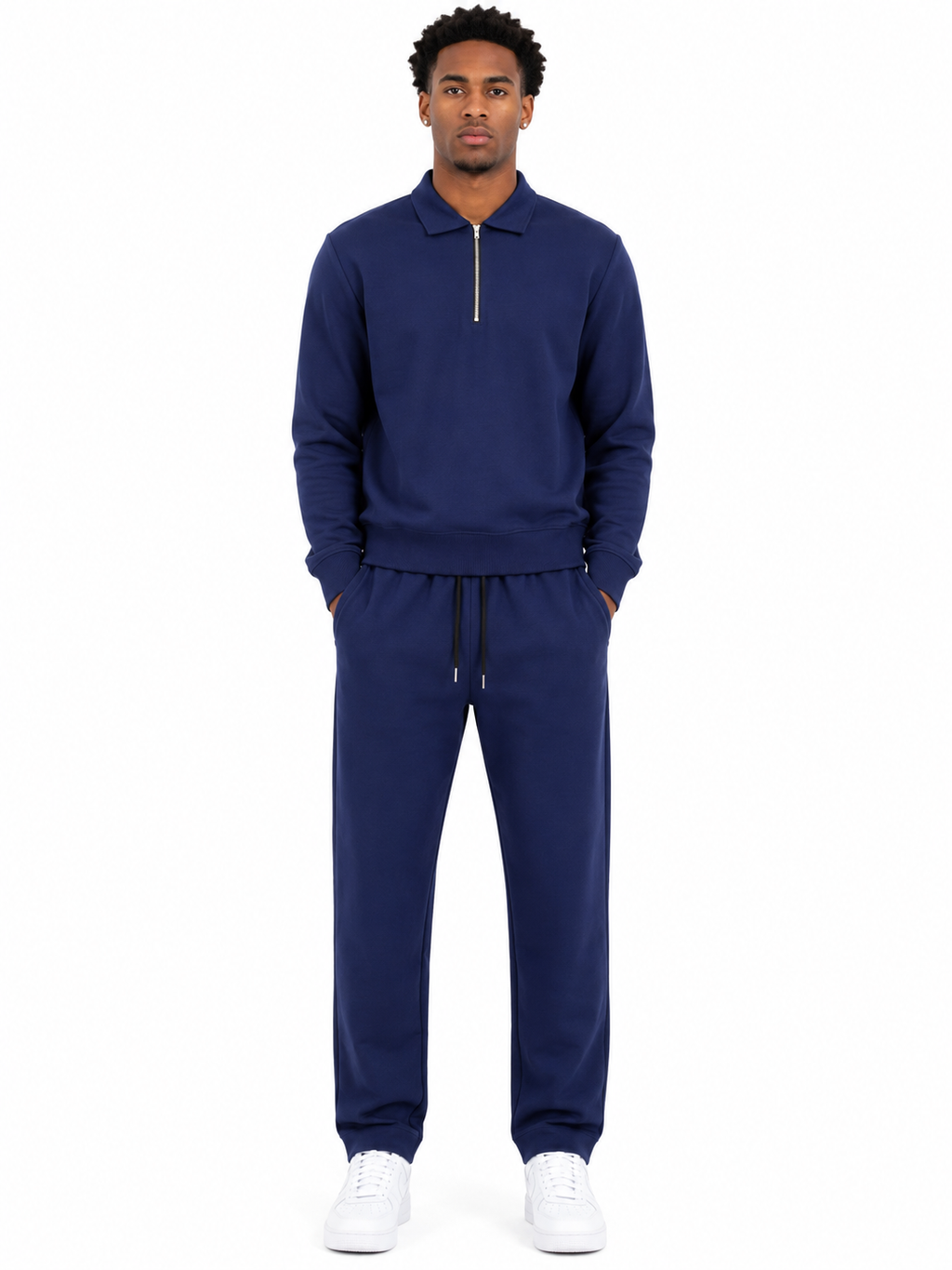 Comfort Cotton Tracksuit Set with Collar - Navy