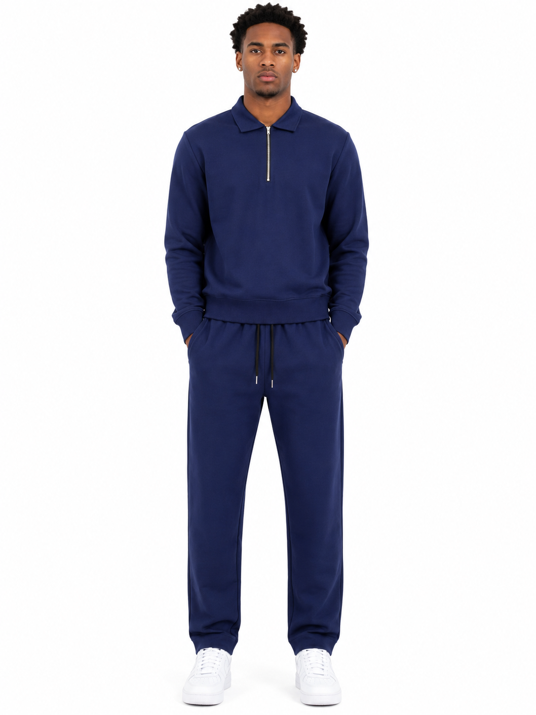 Comfort Cotton Tracksuit Set with Collar - Navy