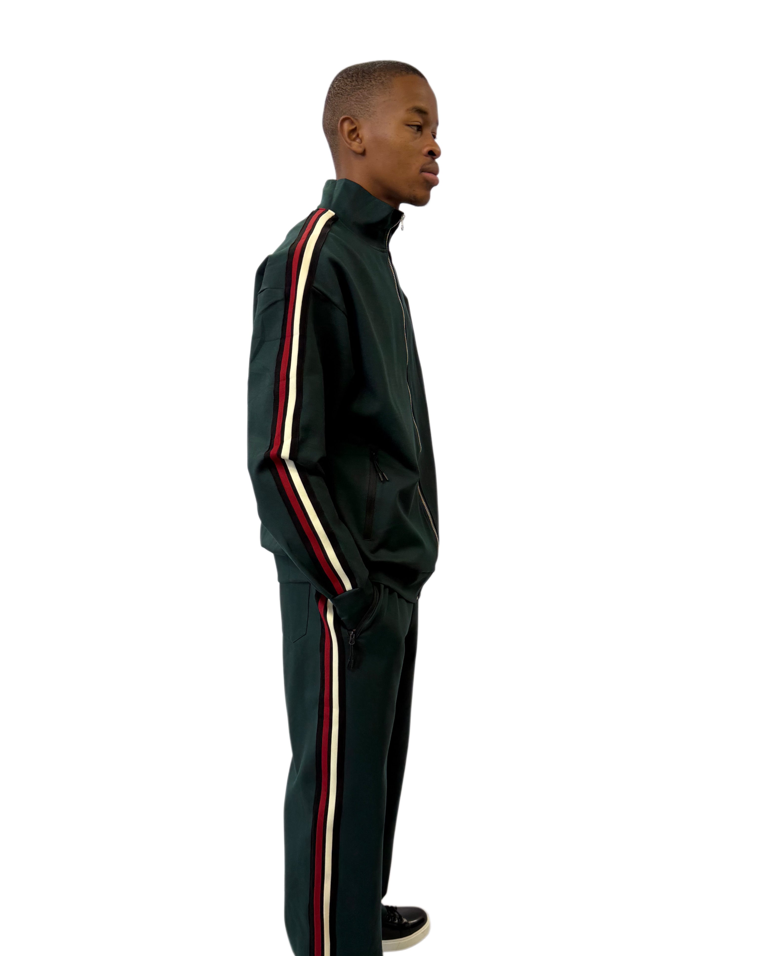 FW Tracksuit Two Piece with Red & White Stripes- Dark Green