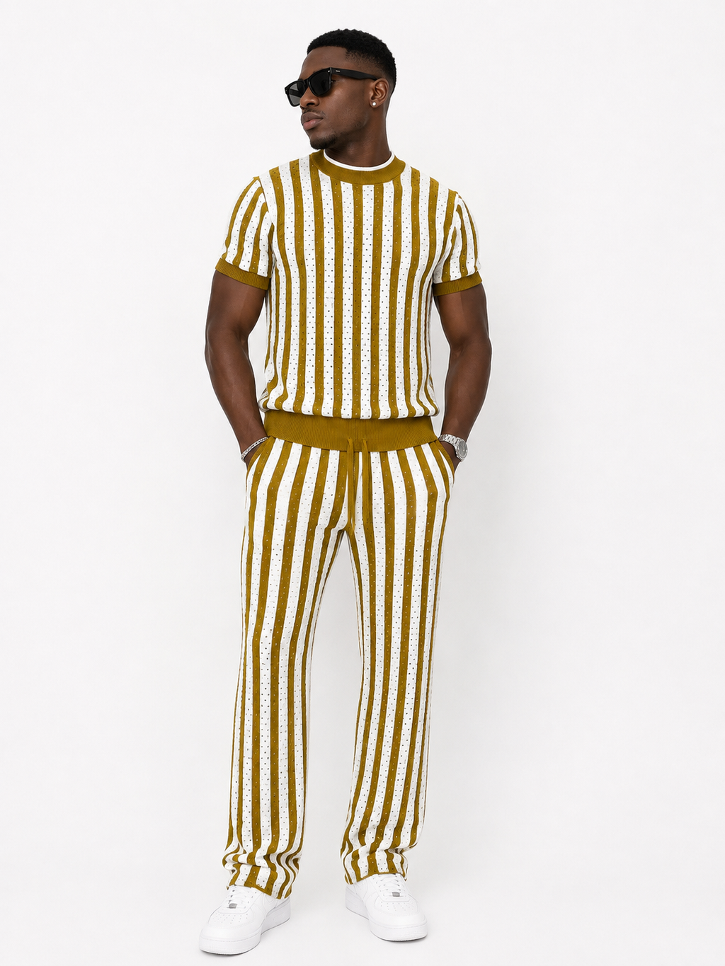 Open-Knit Stripe Co-Ord Set – Mustard Yellow