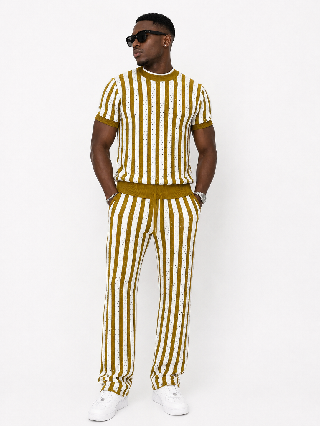 Open-Knit Stripe Co-Ord Set – Mustard Yellow