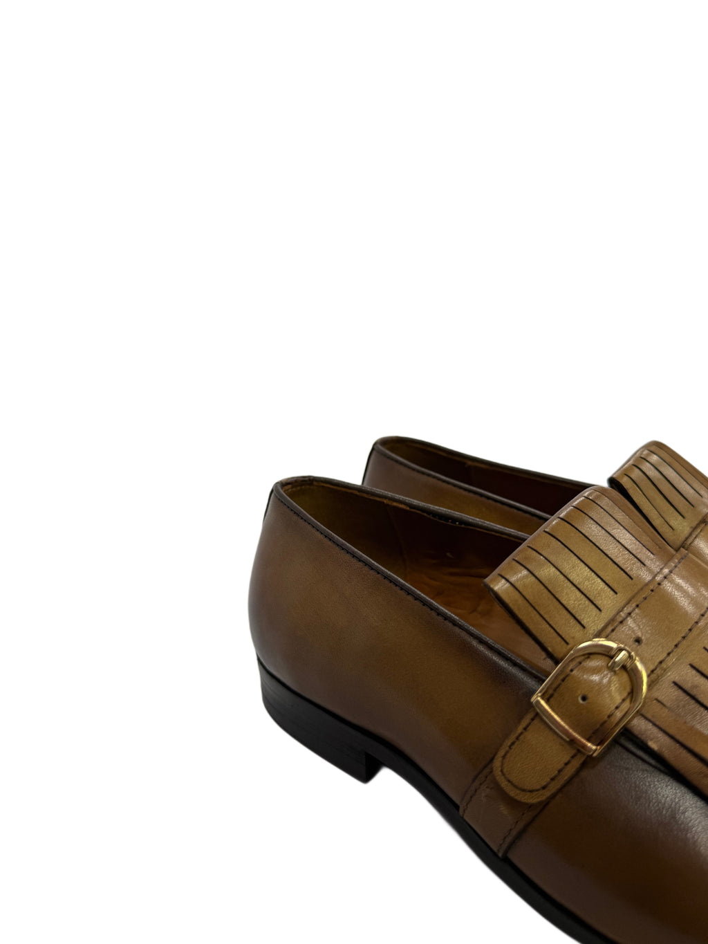 Genuine Leather Buckle Fringe Loafers - L.Brown