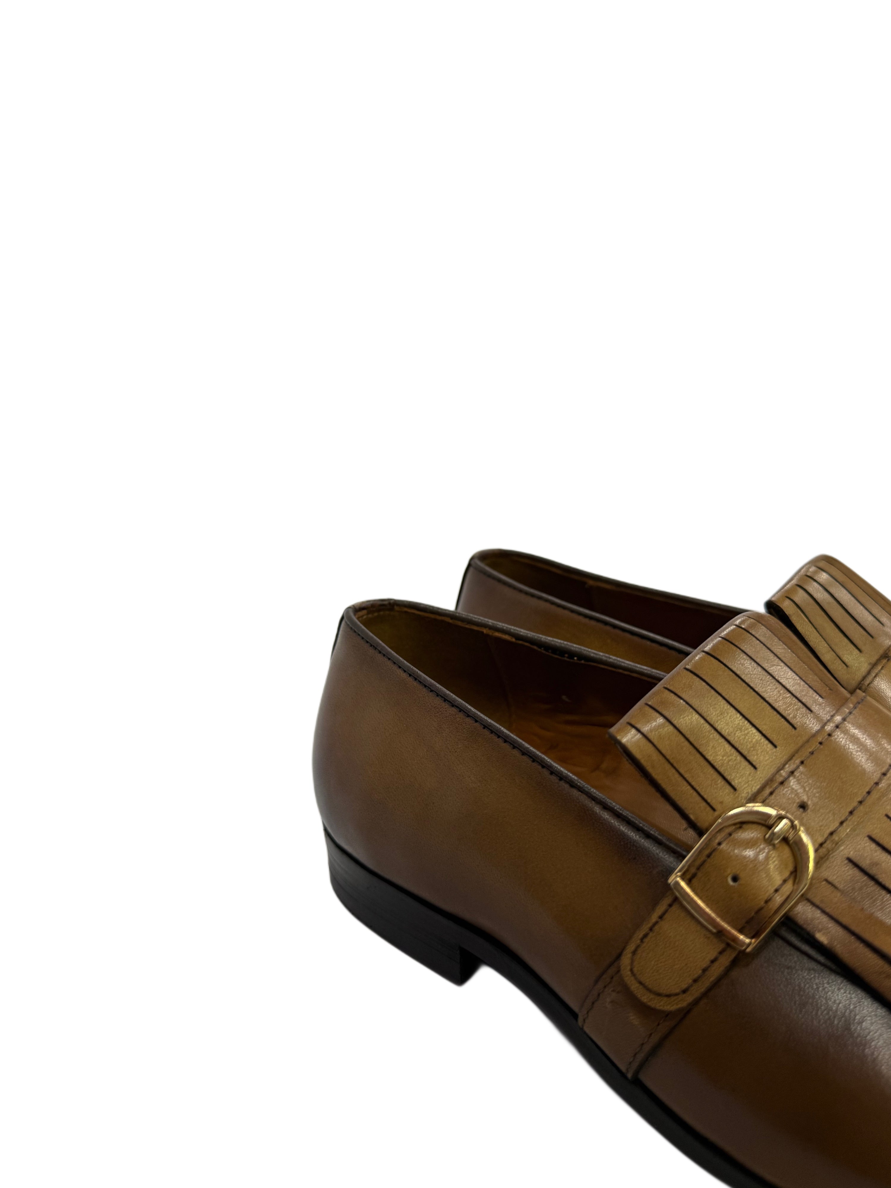 Genuine Leather Buckle Fringe Loafers - L.Brown