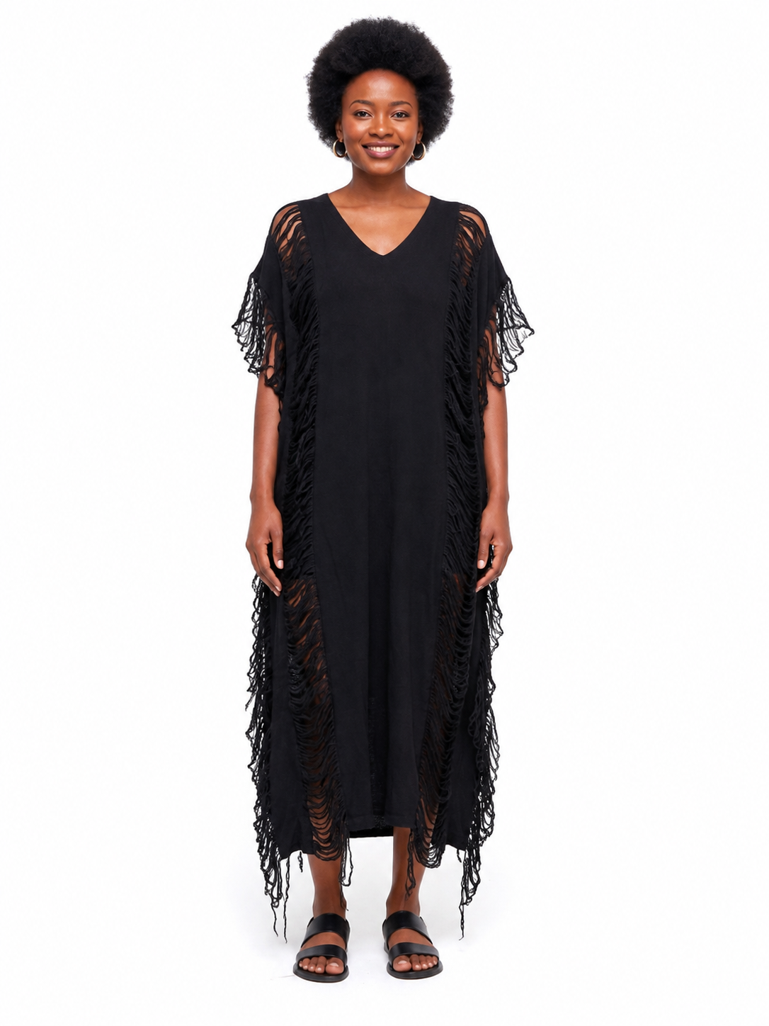 Fringe Detail Maxi Dress One Size-Black