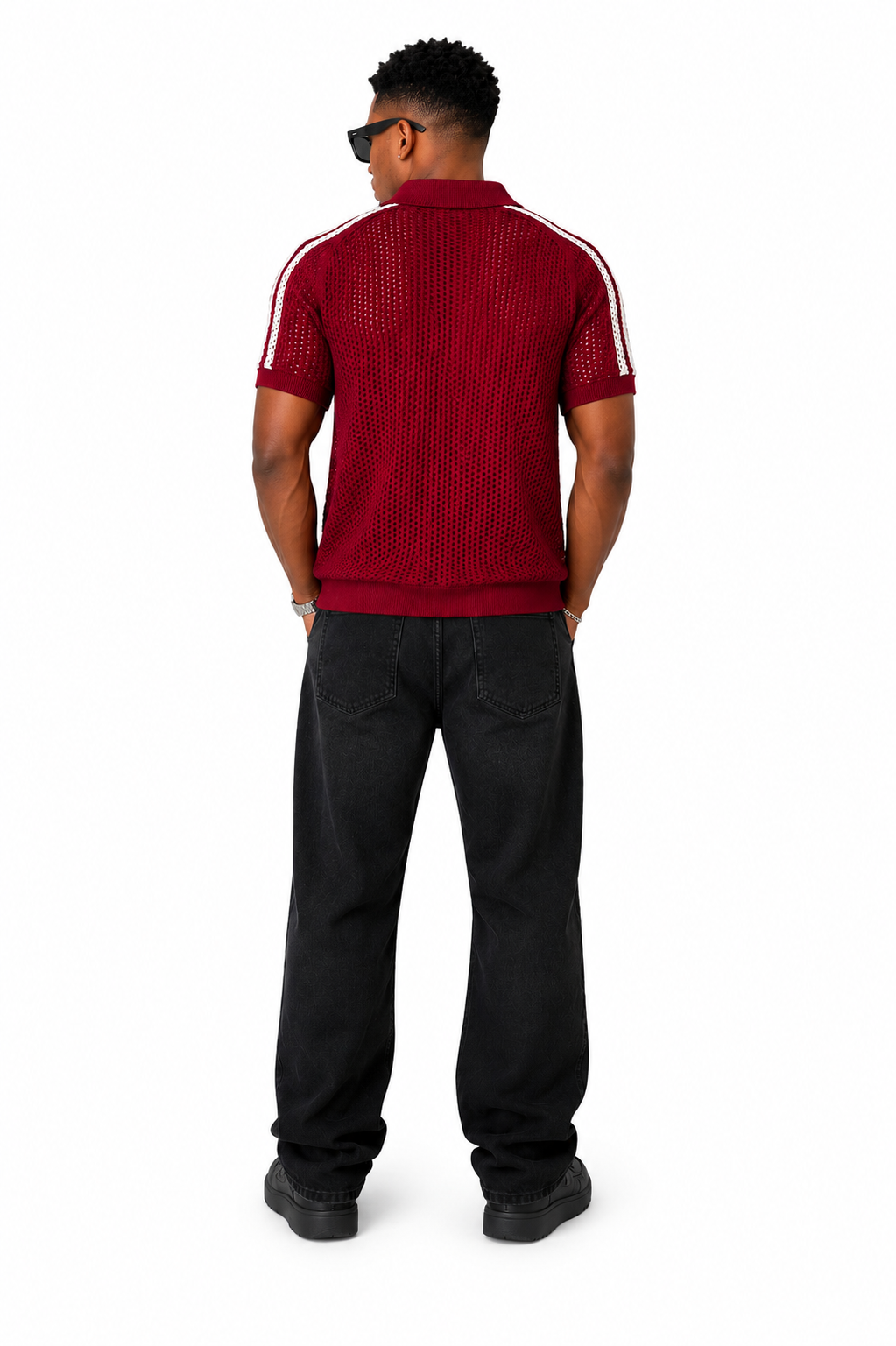 Men Open-Knit Stripe Polo Shirt – Burgundy