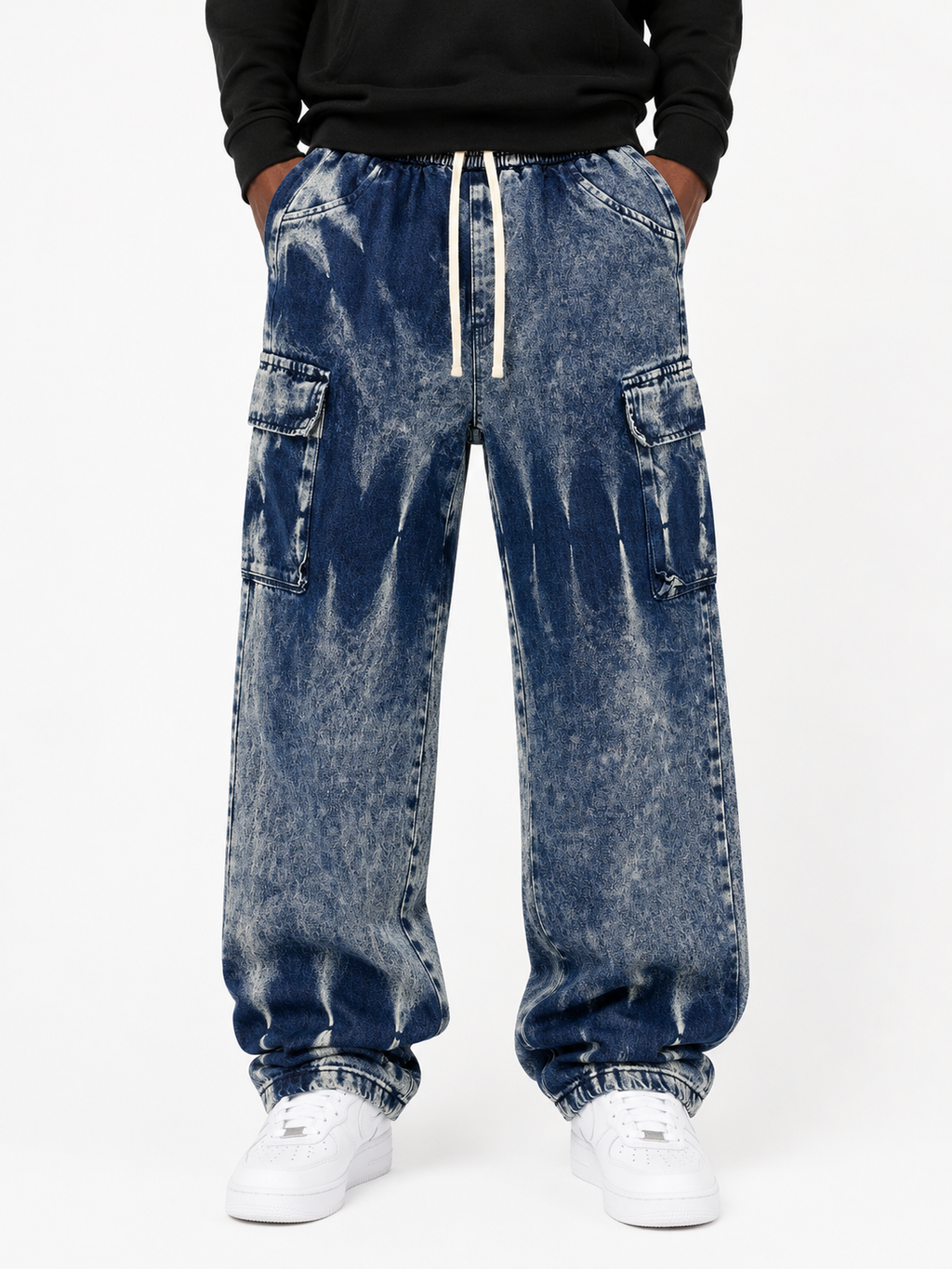 Faded Cargo Denim Jeans with Drawstring Waist - Blue