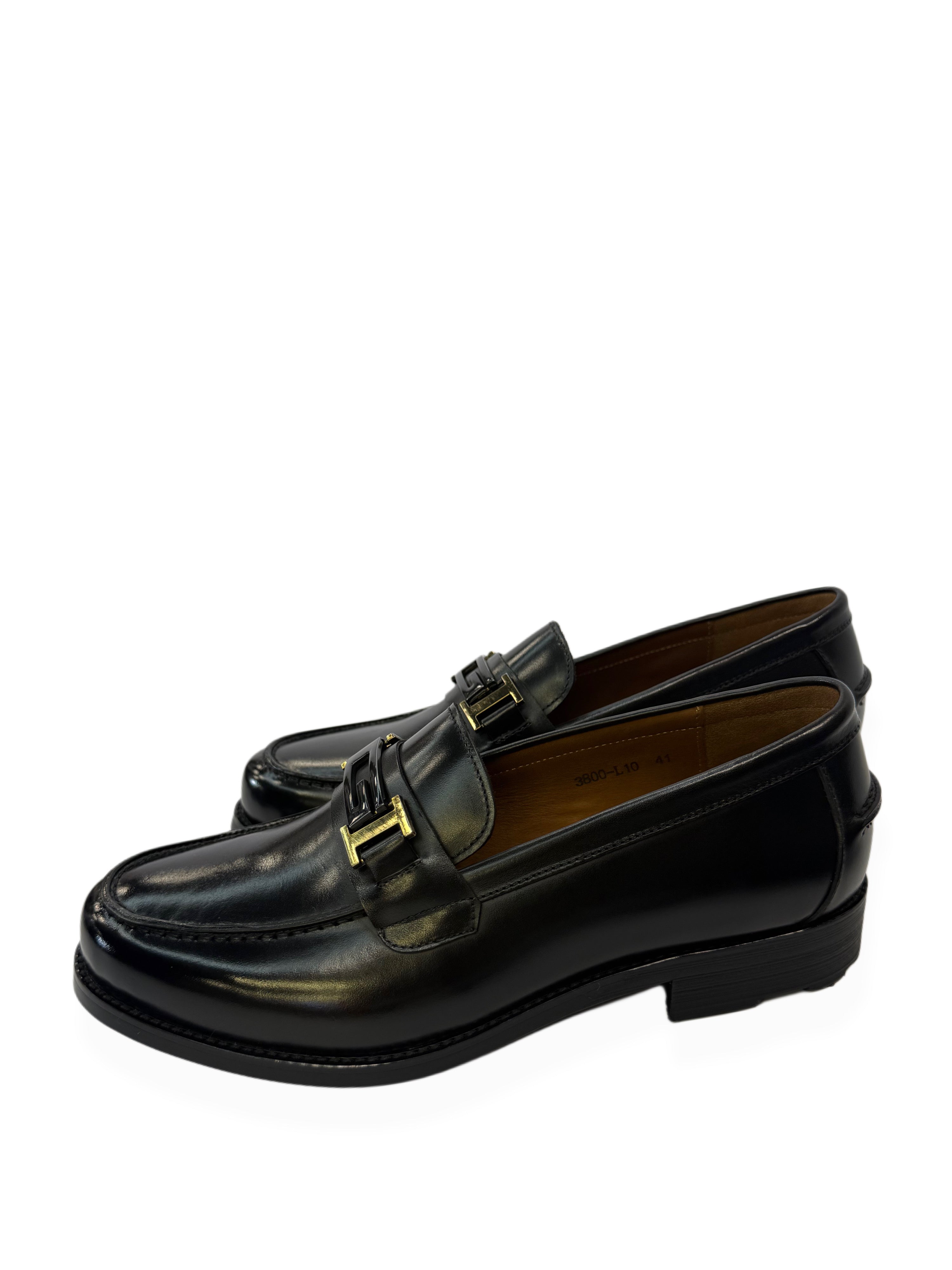 Leather Loafers with Gold Buckle - Black
