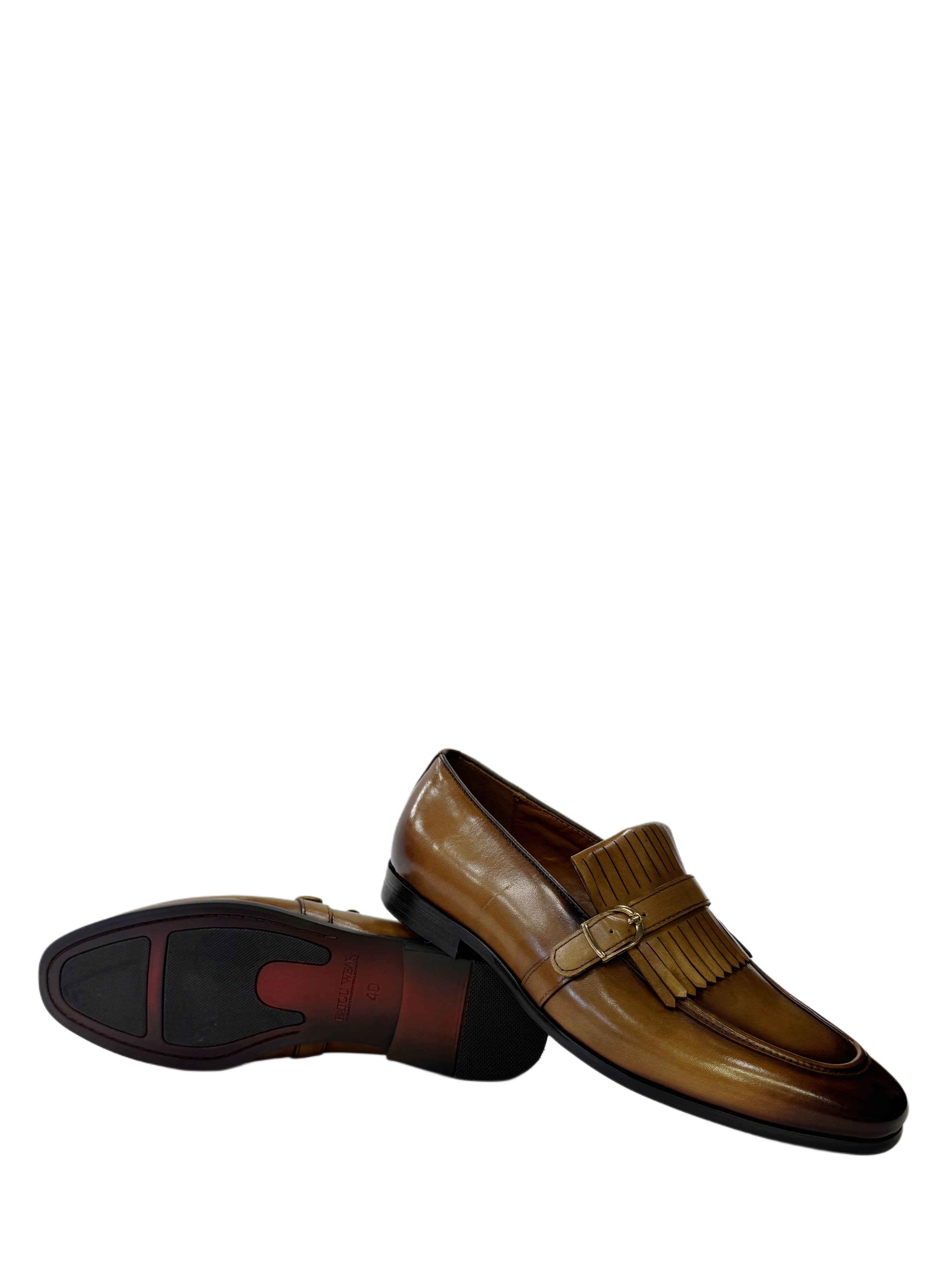 Genuine Leather Buckle Fringe Loafers - L.Brown