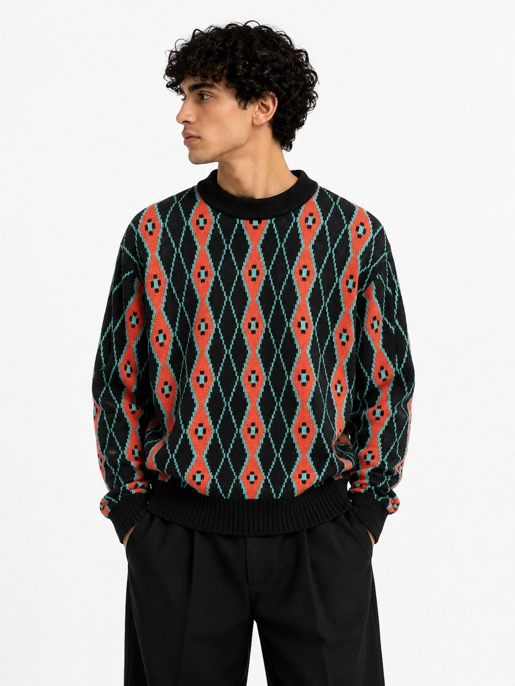 Oversized Argyle Knit Sweater in One Size Fits All - Black