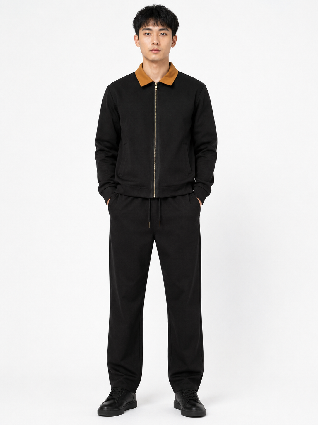 FW Cotton Tracksuit Set with Brown Collar - Black
