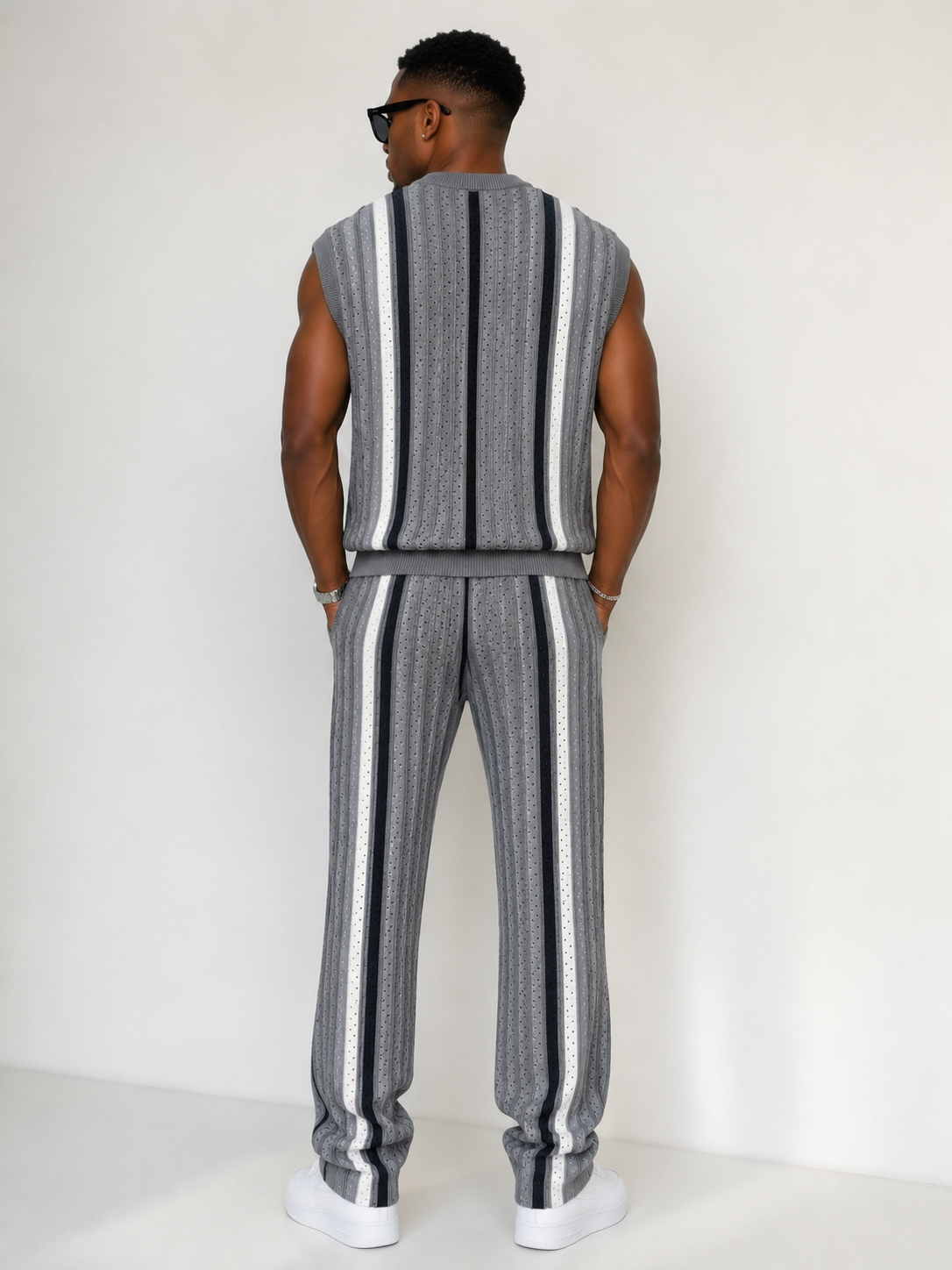 Men Open-Knit Stripe Co-Ord Set – Charcoal Grey