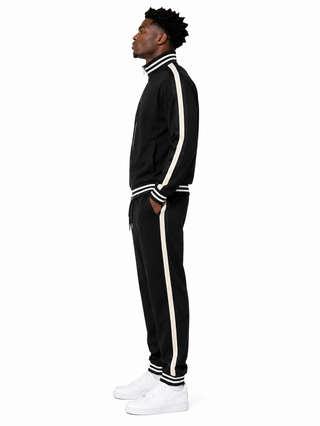 FW Tracksuit Set with Bold White Side Stripes - Black