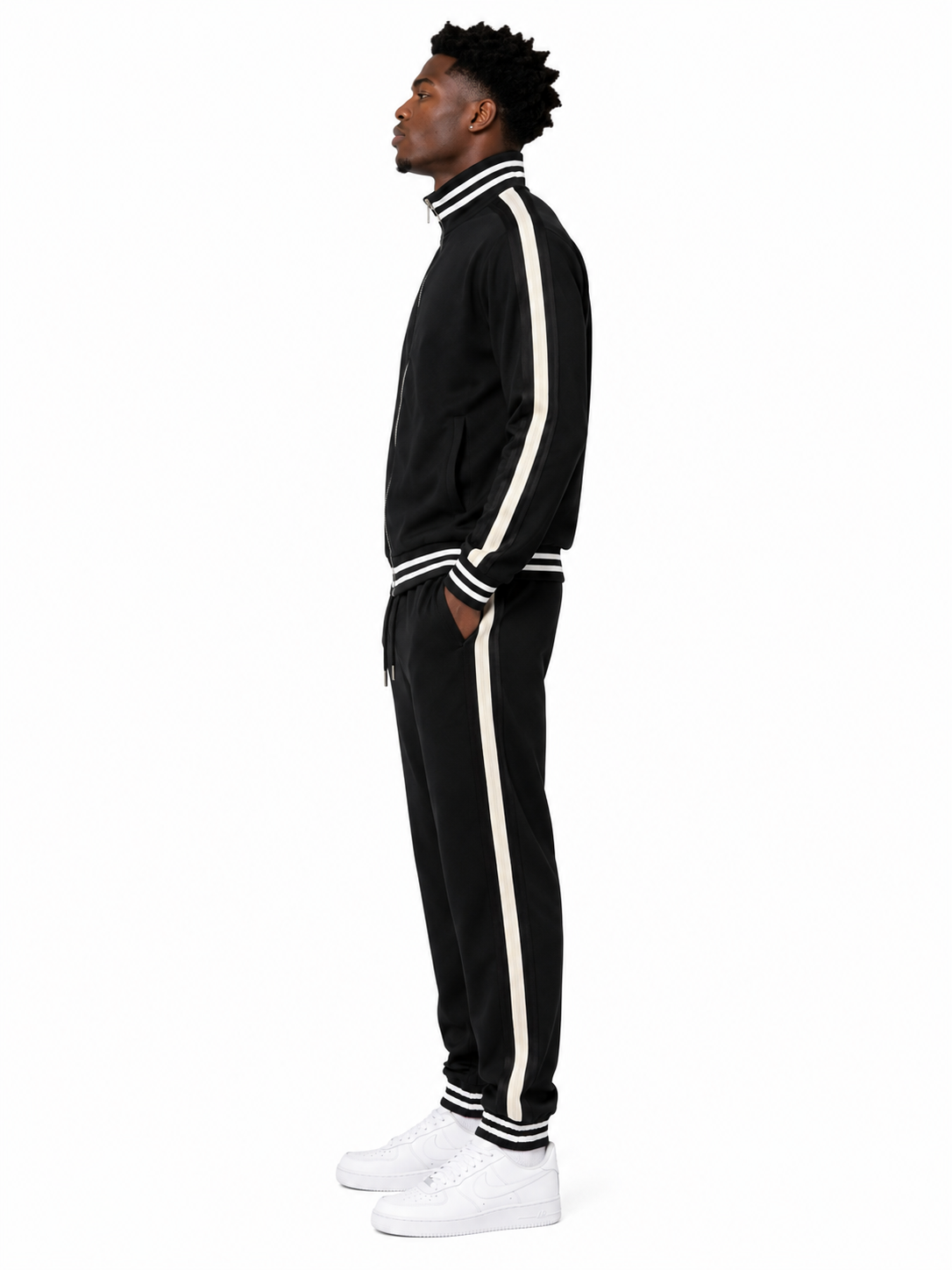 FW Tracksuit Set with Bold White Side Stripes - Black