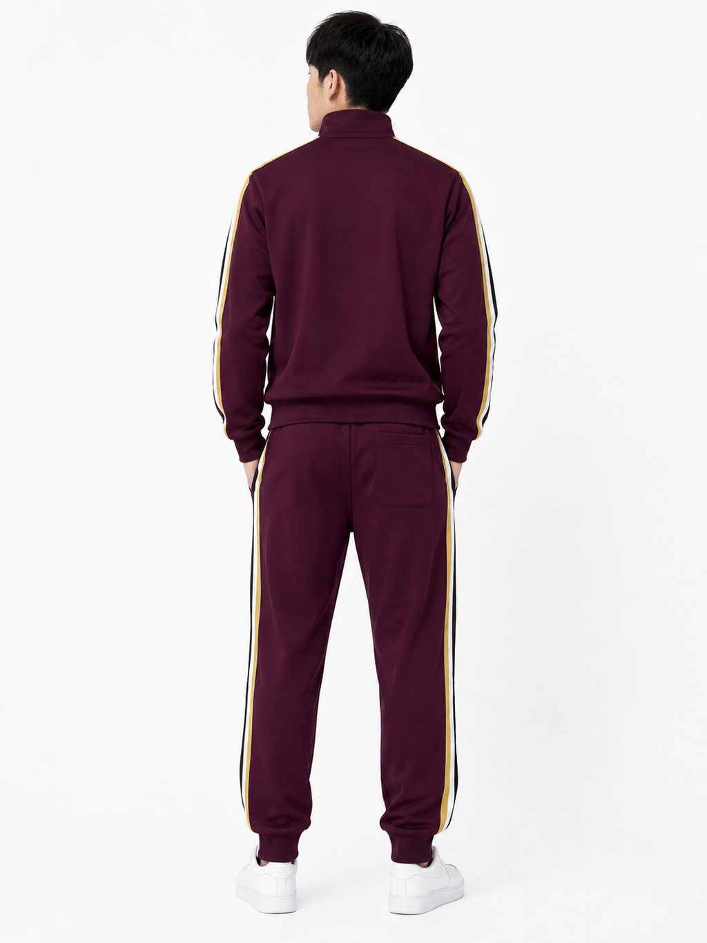 Tracksuit Set with Beige, Black and White Stripes - Maroon