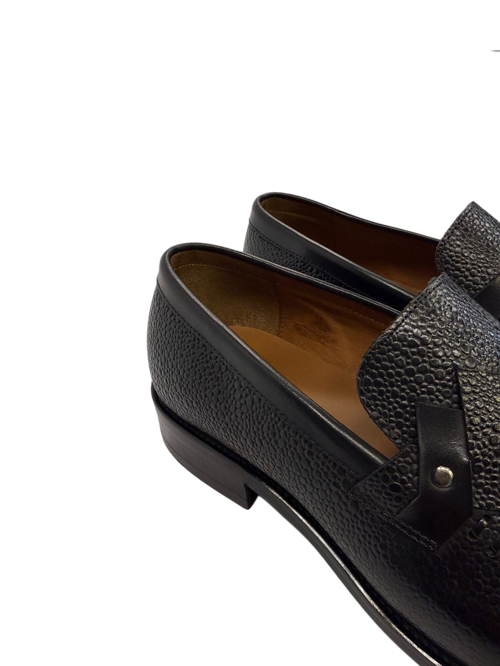 Genuine Leather Pebbled Strap Loafers - Black