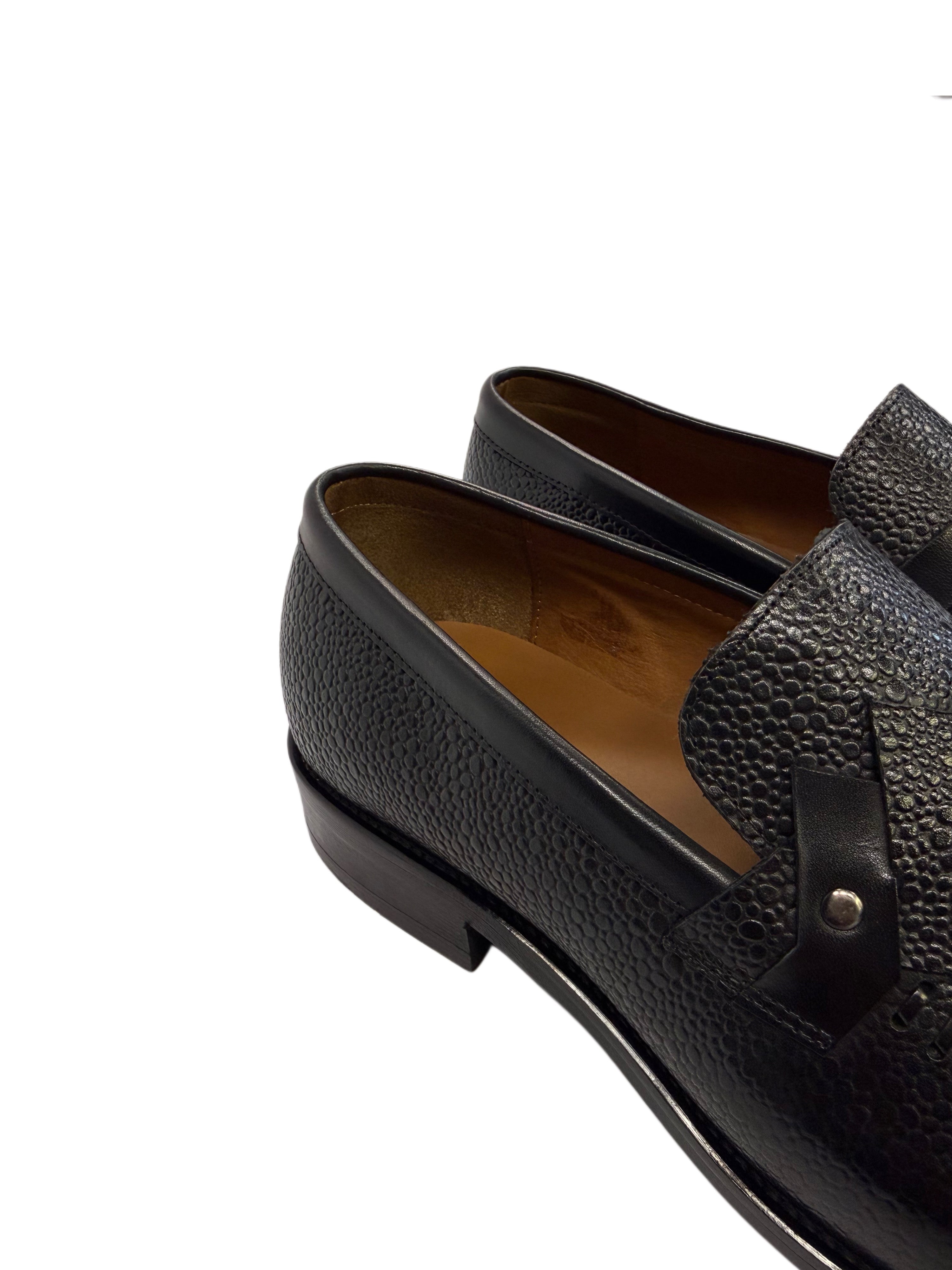 Genuine Leather Pebbled Strap Loafers - Black