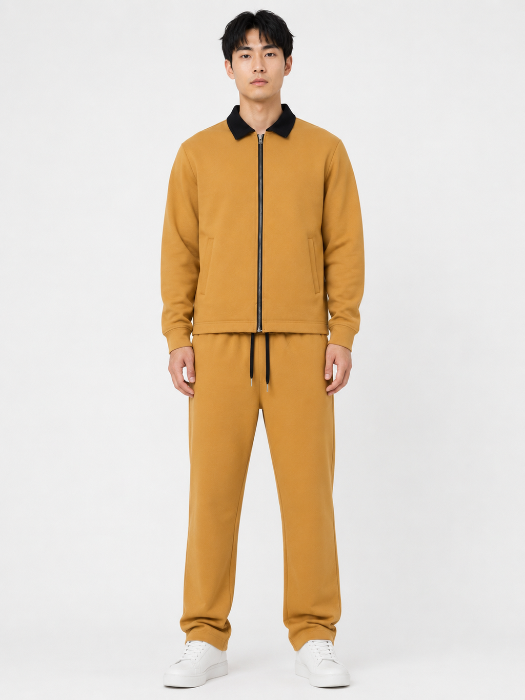 FW Cotton Tracksuit Set with Black Collar - Tan