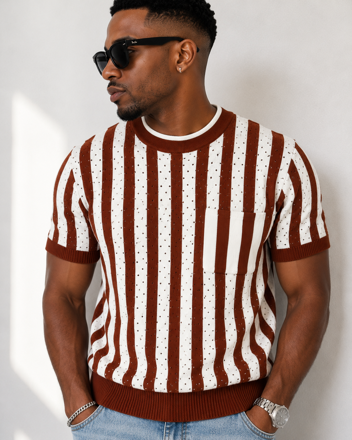 Men Open-Knit Stripe Crew Neck Tee – Rust Brown