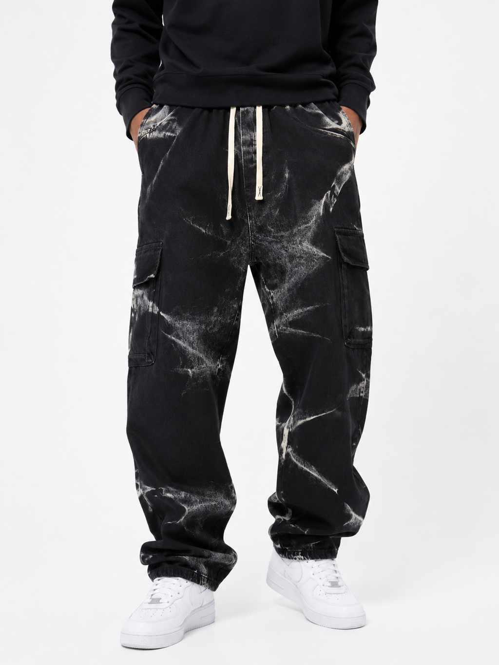 Faded Cargo Denim Jeans with Drawstring Waist - Black and White