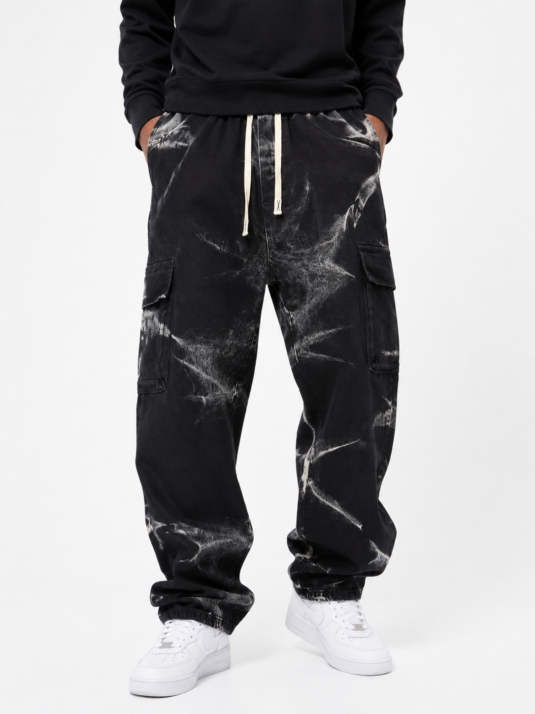 Faded Cargo Denim Jeans with Drawstring Waist - Black and White