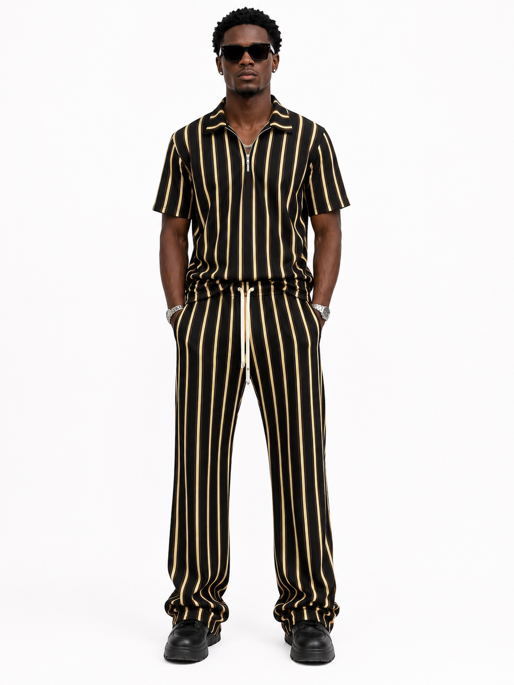 Unisex Bold Stripe Knit Co-Ord Set – Black and Gold