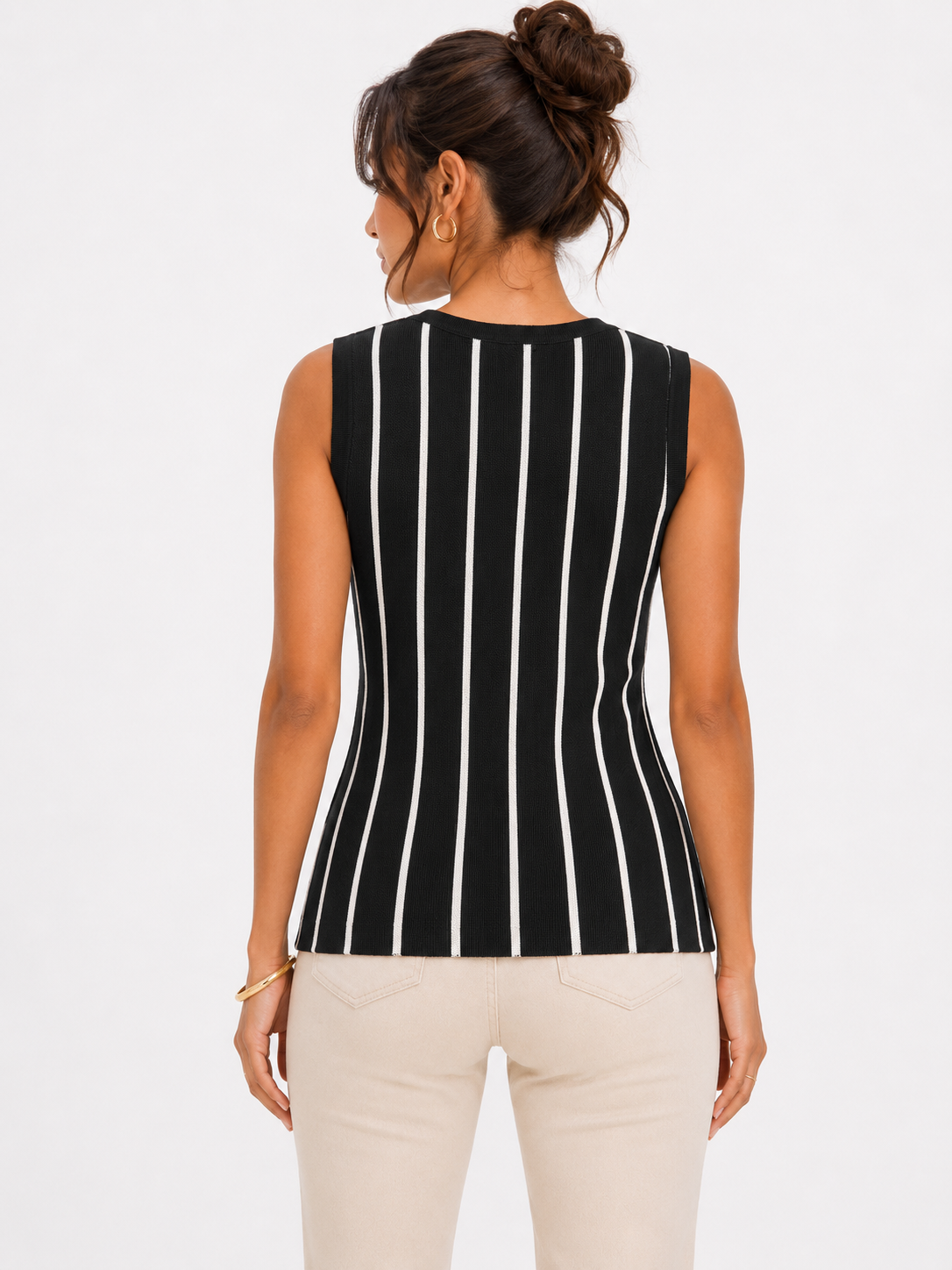 Striped Button Knit Top One Size Stretchable - Black and White