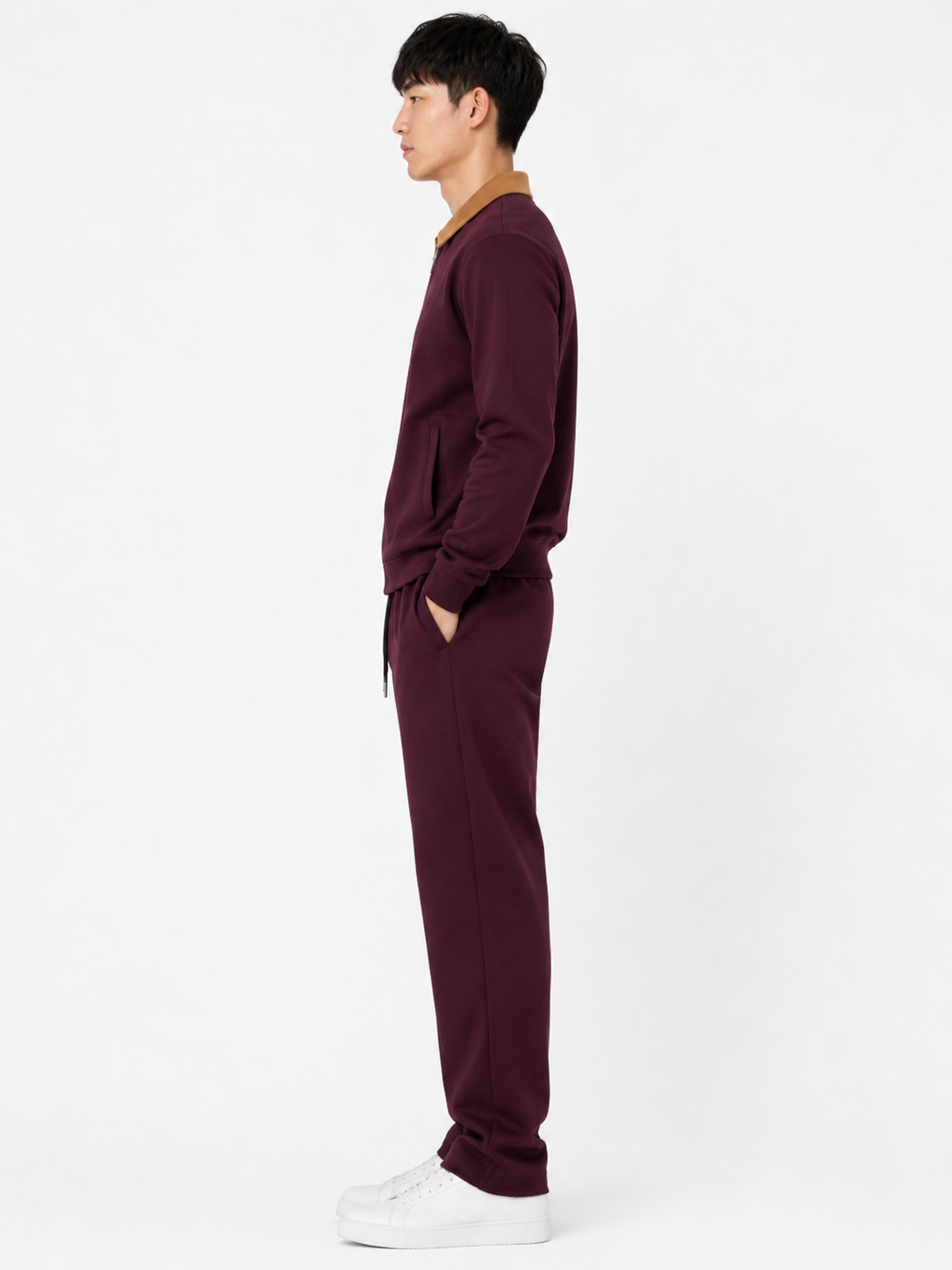 FW Cotton Tracksuit Set with Tan Collar - Maroon