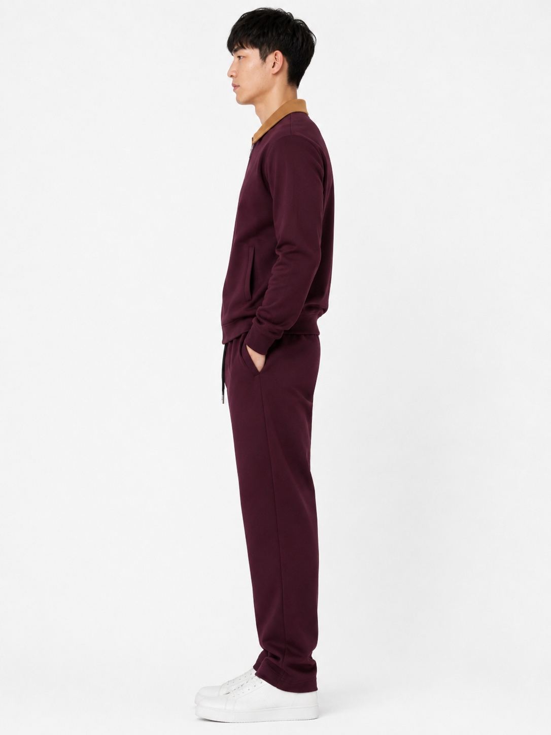 FW Cotton Tracksuit Set with Tan Collar - Maroon