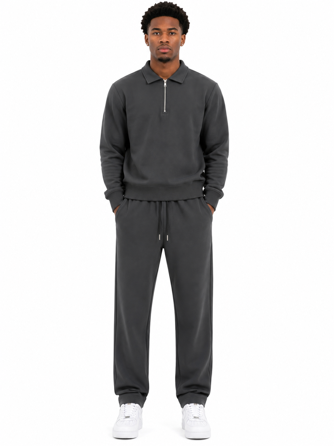 Comfort Cotton Tracksuit Set with Collar - Grey