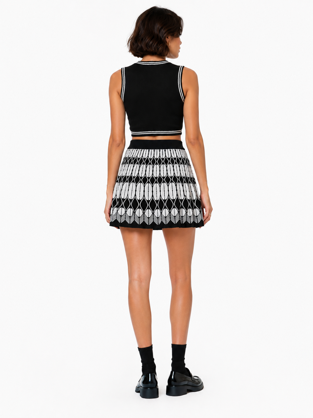 Knit Sleeveless Top & Pleated Skirt Set One Size Stretchable - Black