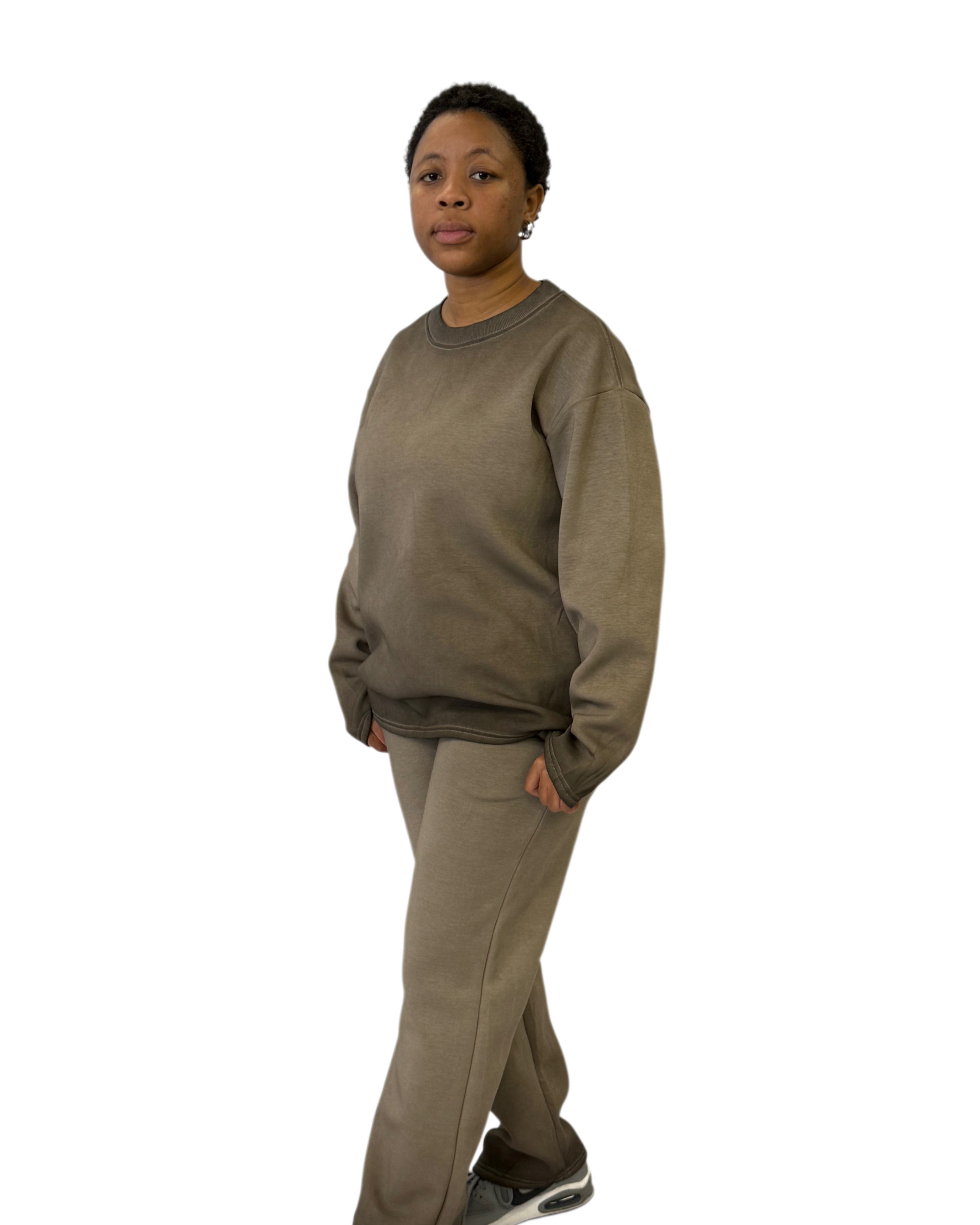 FW Earth Tone Comfort Oversized Sweatshirt & Pants Set-Olive Brown