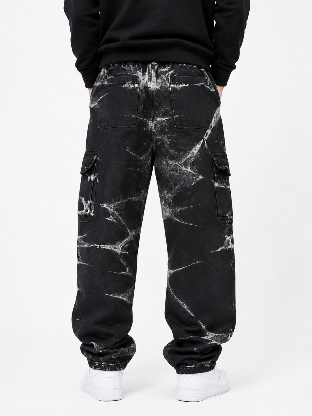 Faded Cargo Denim Jeans with Drawstring Waist - Black and White