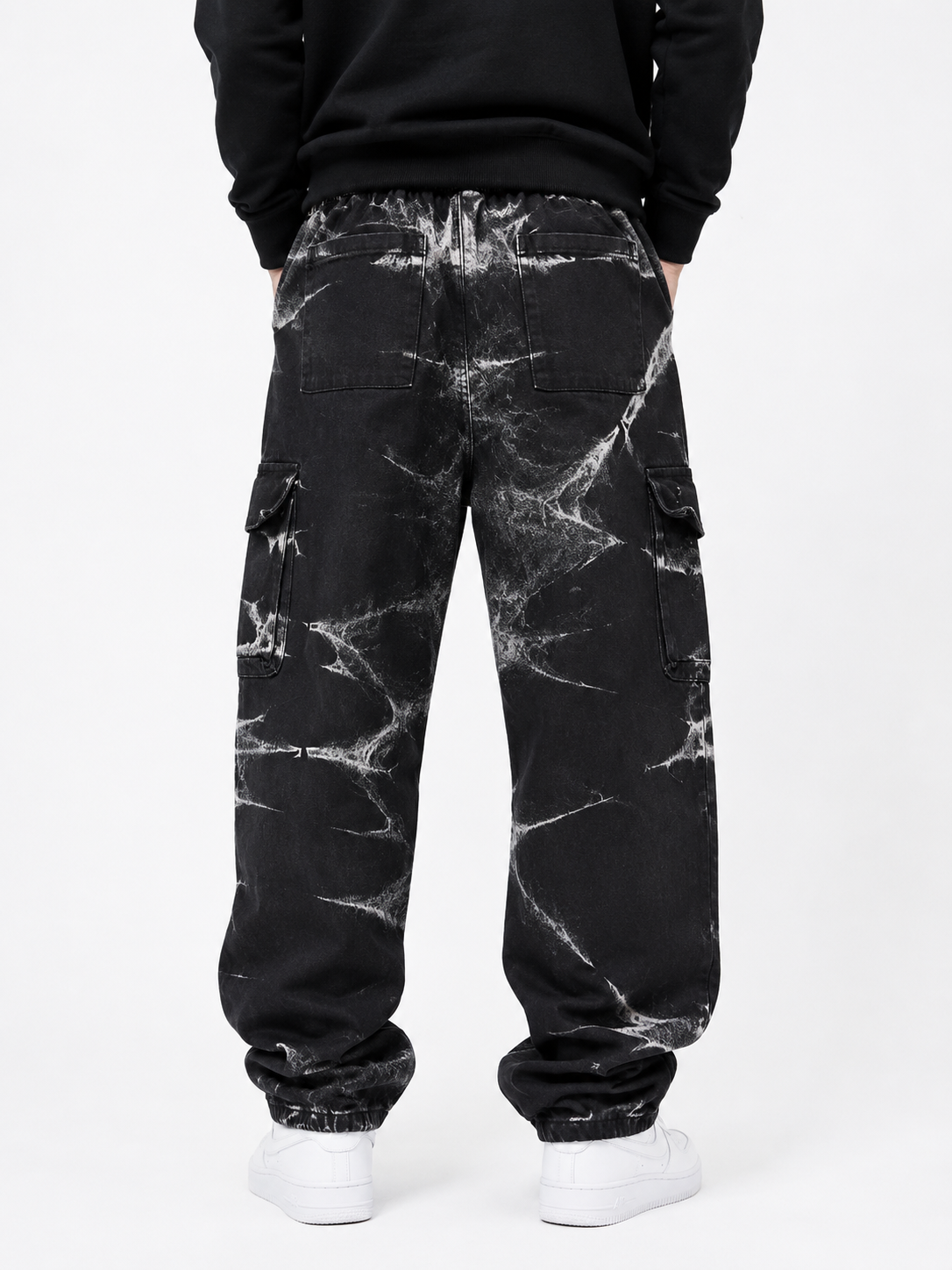 Faded Cargo Denim Jeans with Drawstring Waist - Black and White