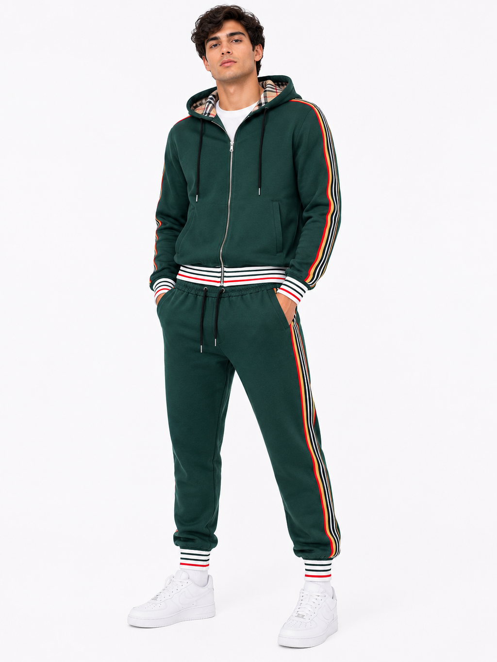 Hoodie Tracksuit Set with Tricolor Stripes - Dark Green