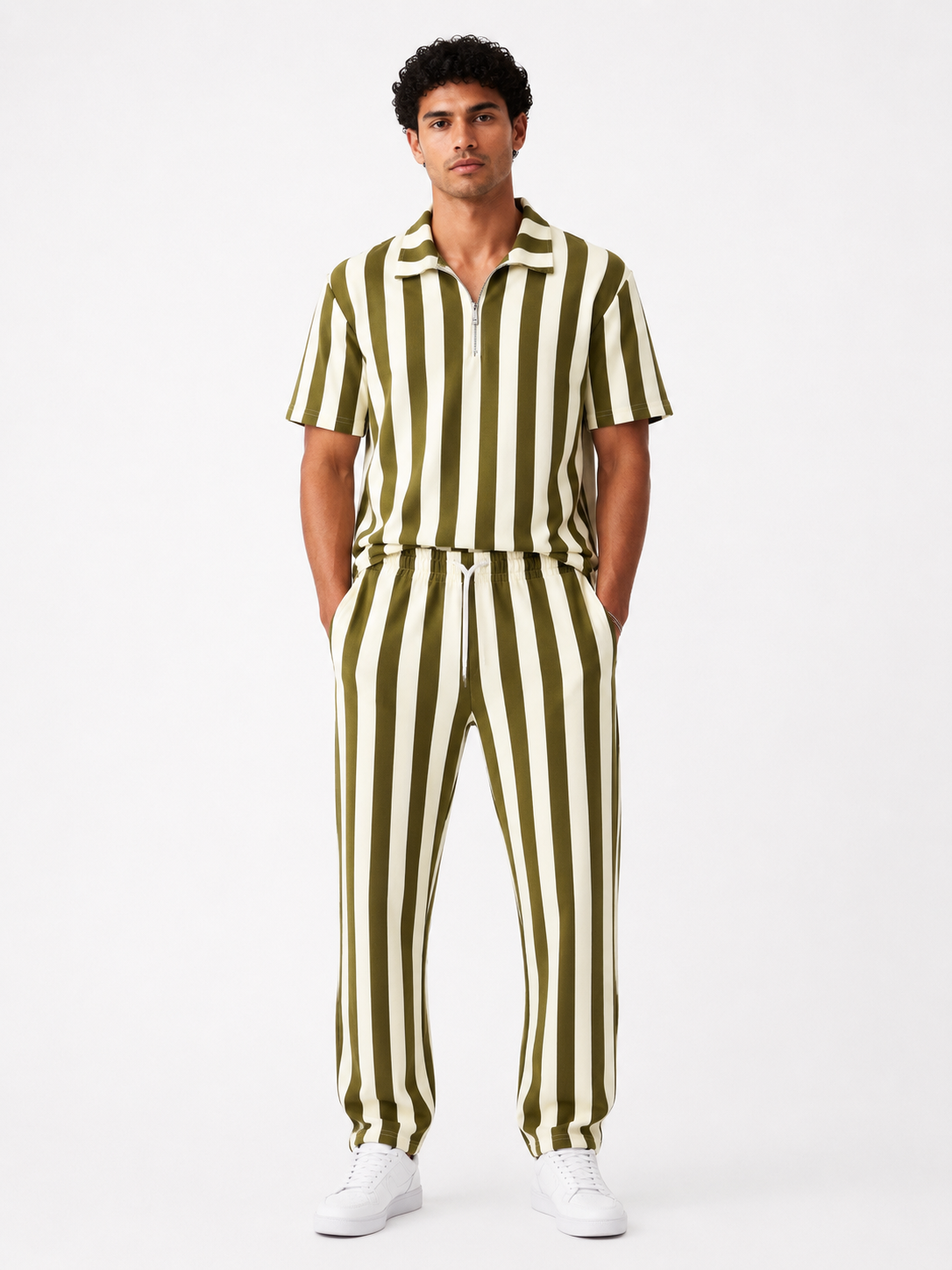 Bold Stripe Co-Ord Set - Olive and Cream