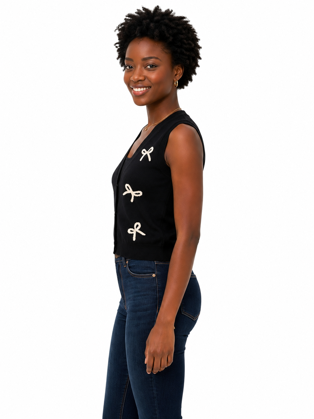 Women’s Sleeveless Vest Bow Detail and Button Front - Black