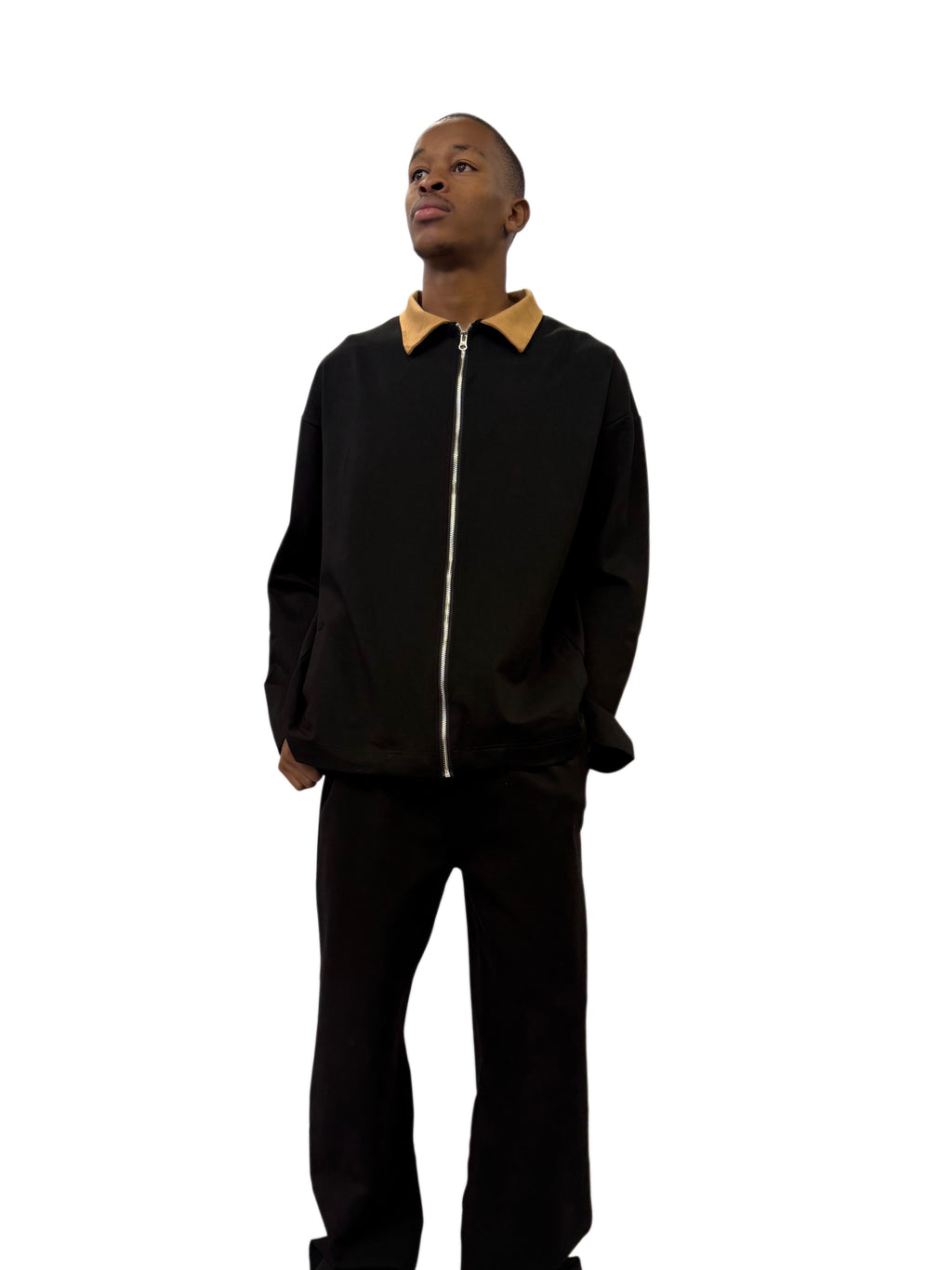 FW Urban Casual Jacket with Tan Collar Set-Black