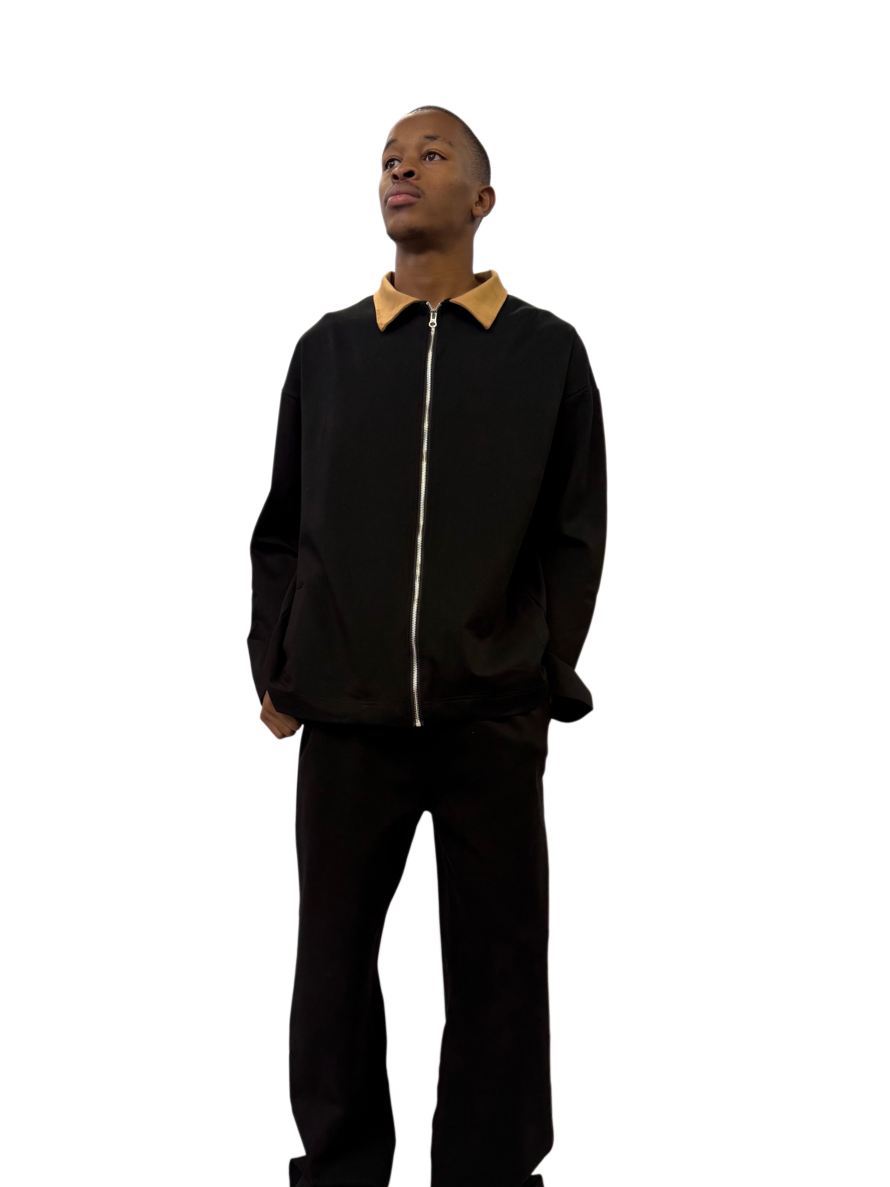FW Urban Casual Jacket with Tan Collar Set-Black