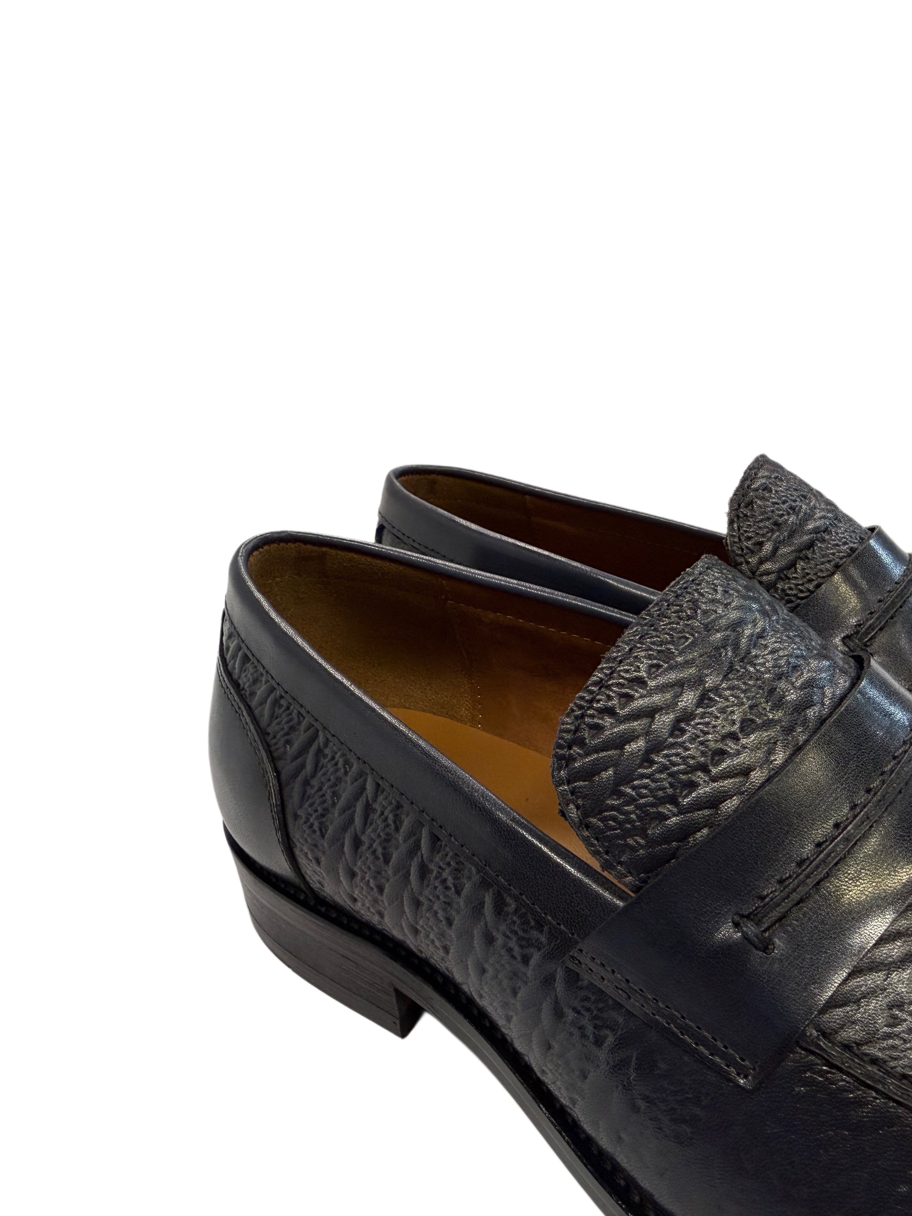 Classic Textured Leather Penny Loafers - Black