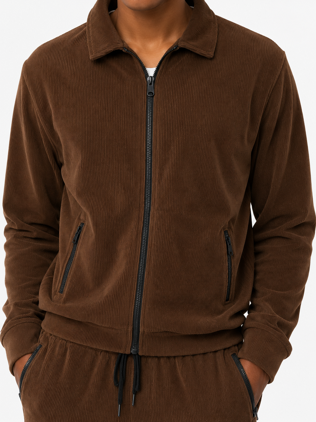 Zipper Corduroy Tracksuit Set - Brown