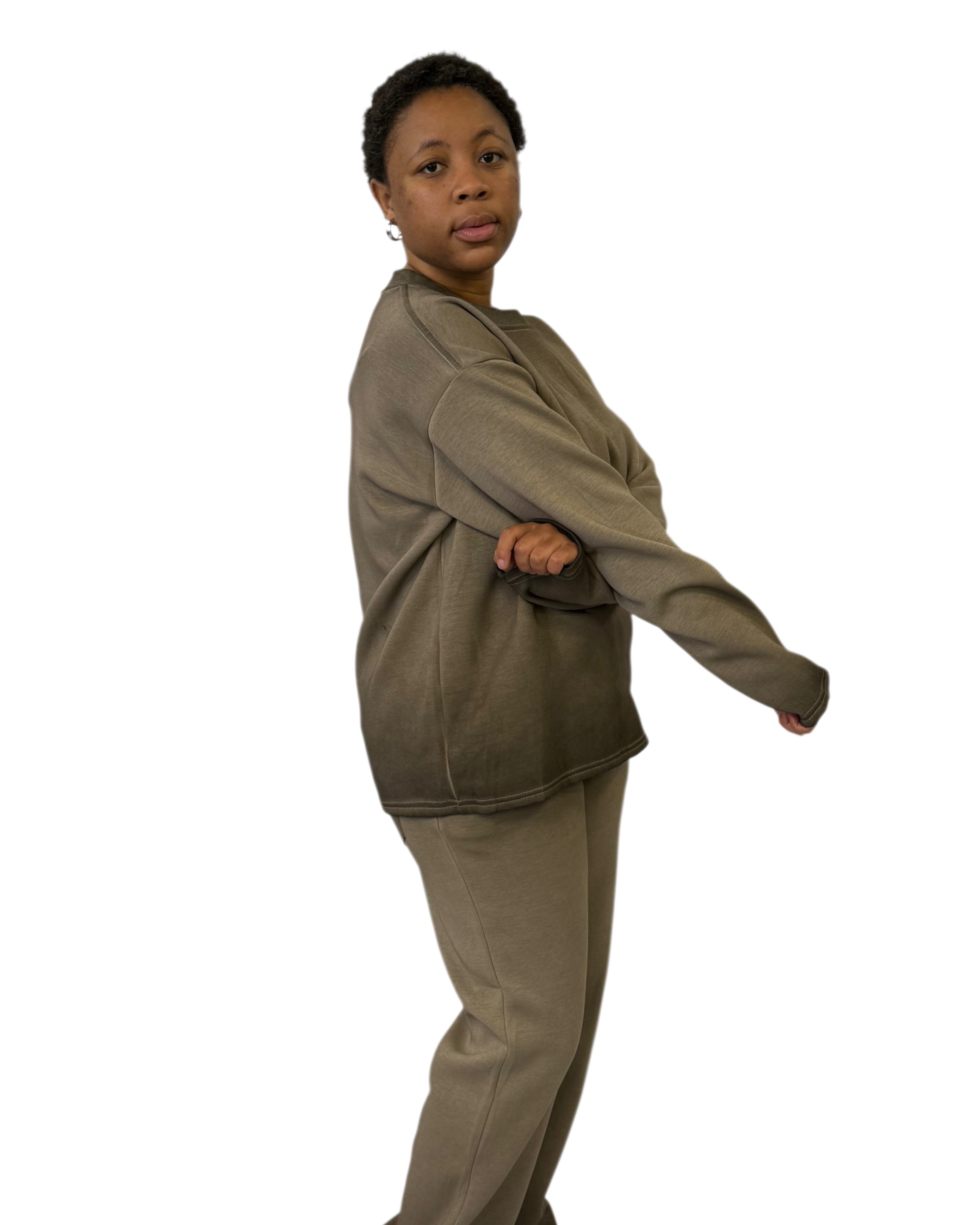 FW Earth Tone Comfort Oversized Sweatshirt & Pants Set-Olive Brown