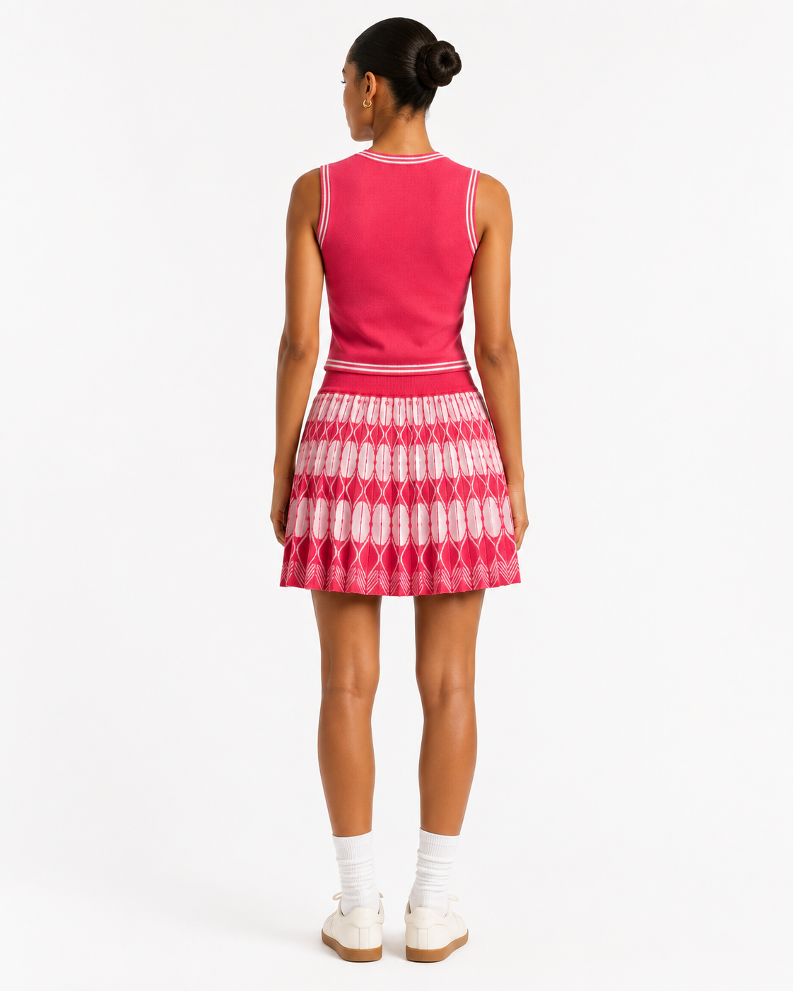 Knit Sleeveless Top & Pleated Skirt Set One Size Stretchable - Pink