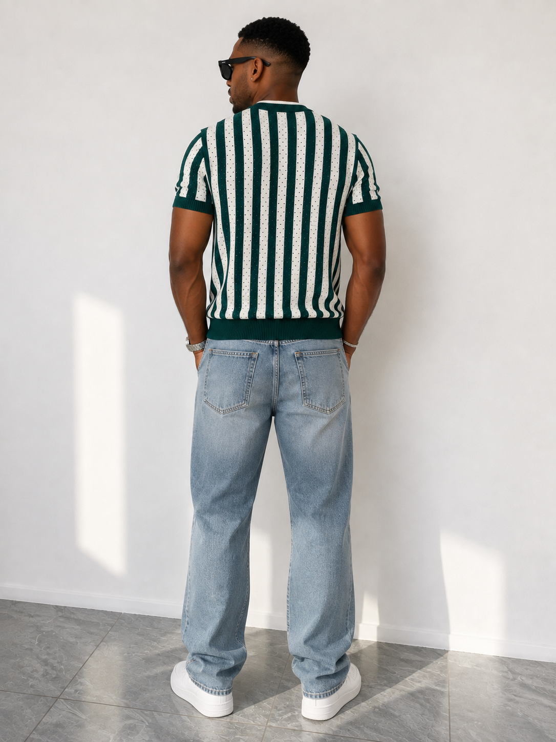 Men Open-Knit Stripe Crew Neck Tee – Forest Green