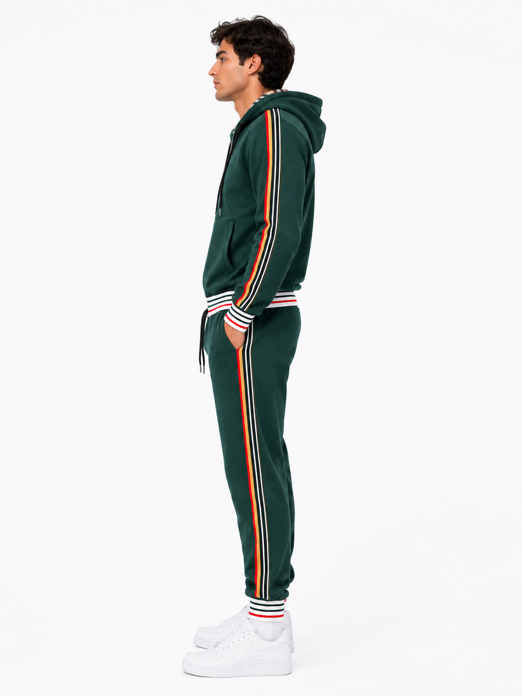 Hoodie Tracksuit Set with Tricolor Stripes - Dark Green