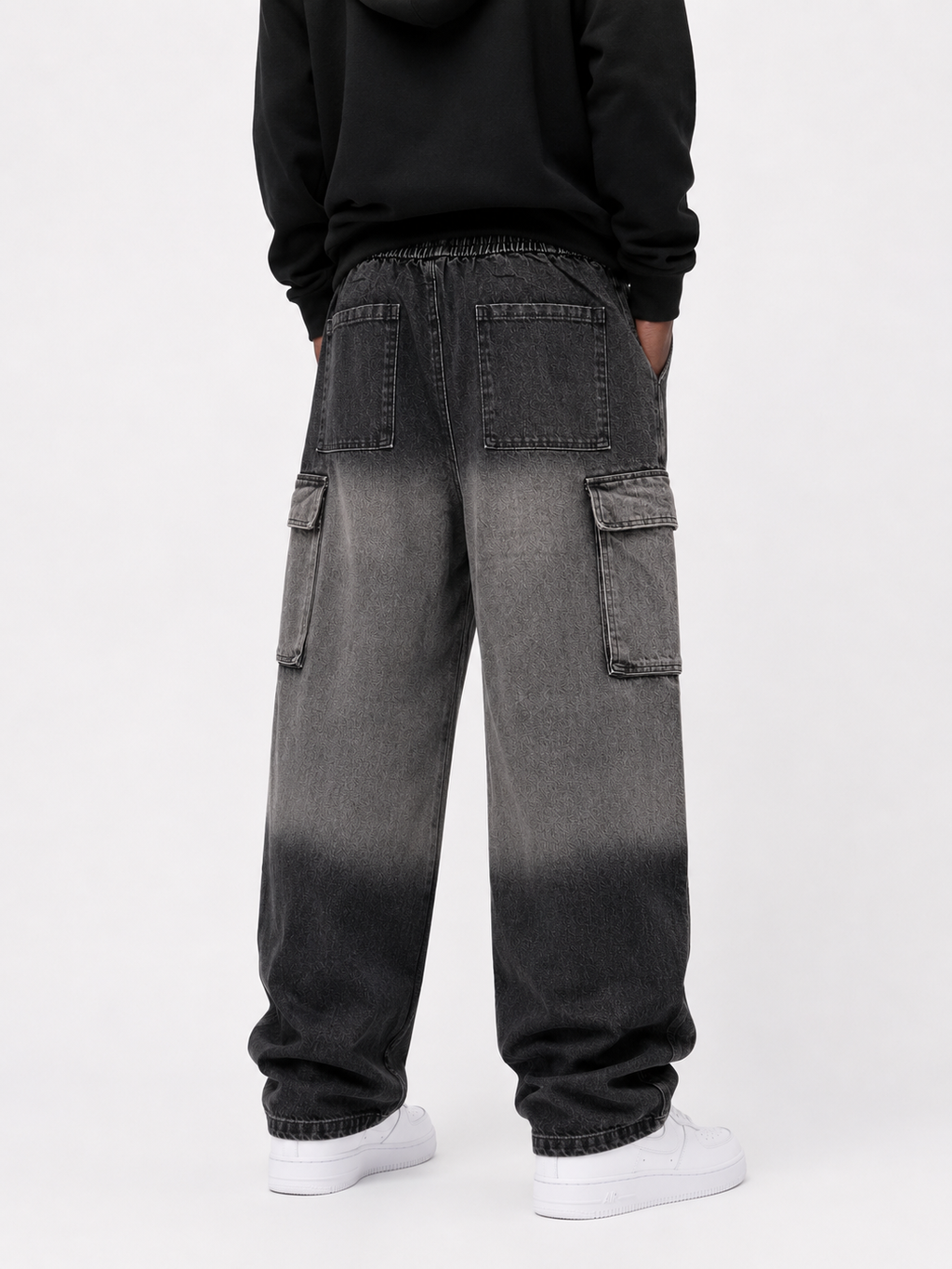 Faded Cargo Denim Jeans with Drawstring Waist - Black and Grey