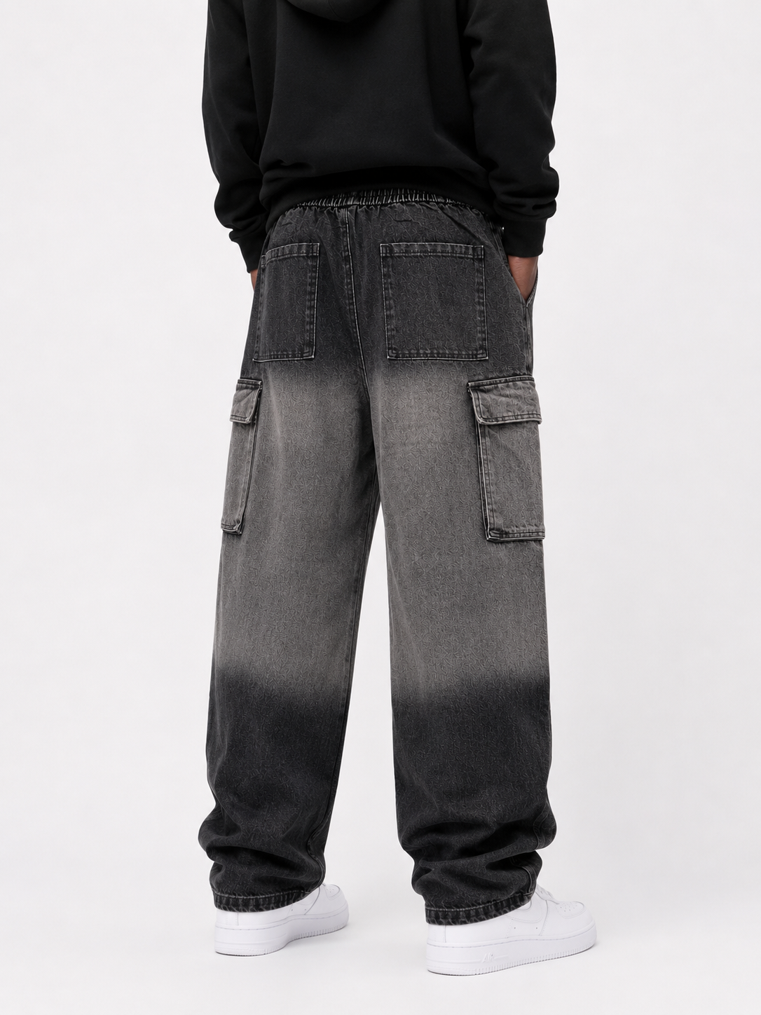 Faded Cargo Denim Jeans with Drawstring Waist - Black and Grey